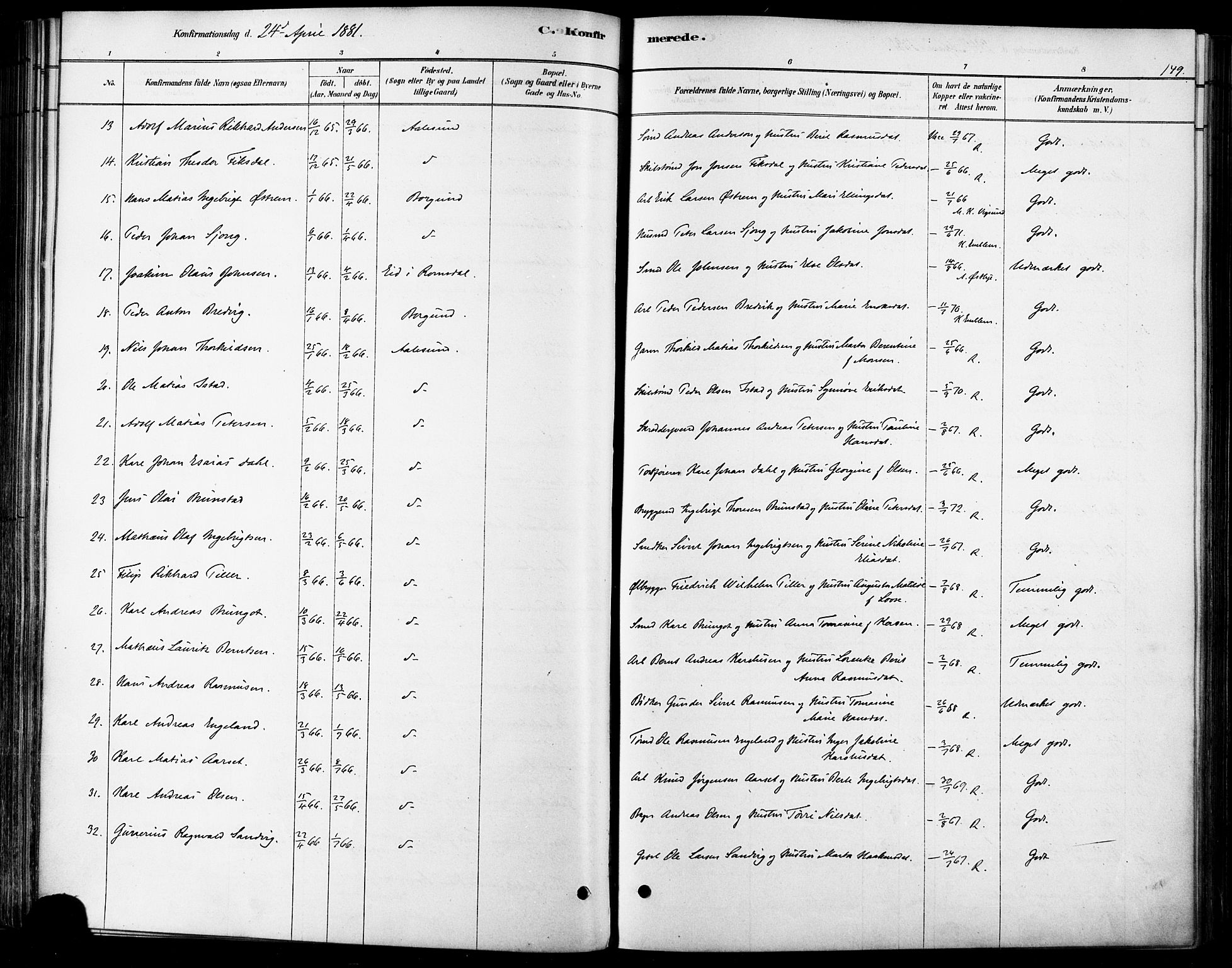 Ministerialprotokoller, klokkerbøker og fødselsregistre - Møre og Romsdal, AV/SAT-A-1454/529/L0454: Parish register (official) no. 529A04, 1878-1885, p. 149