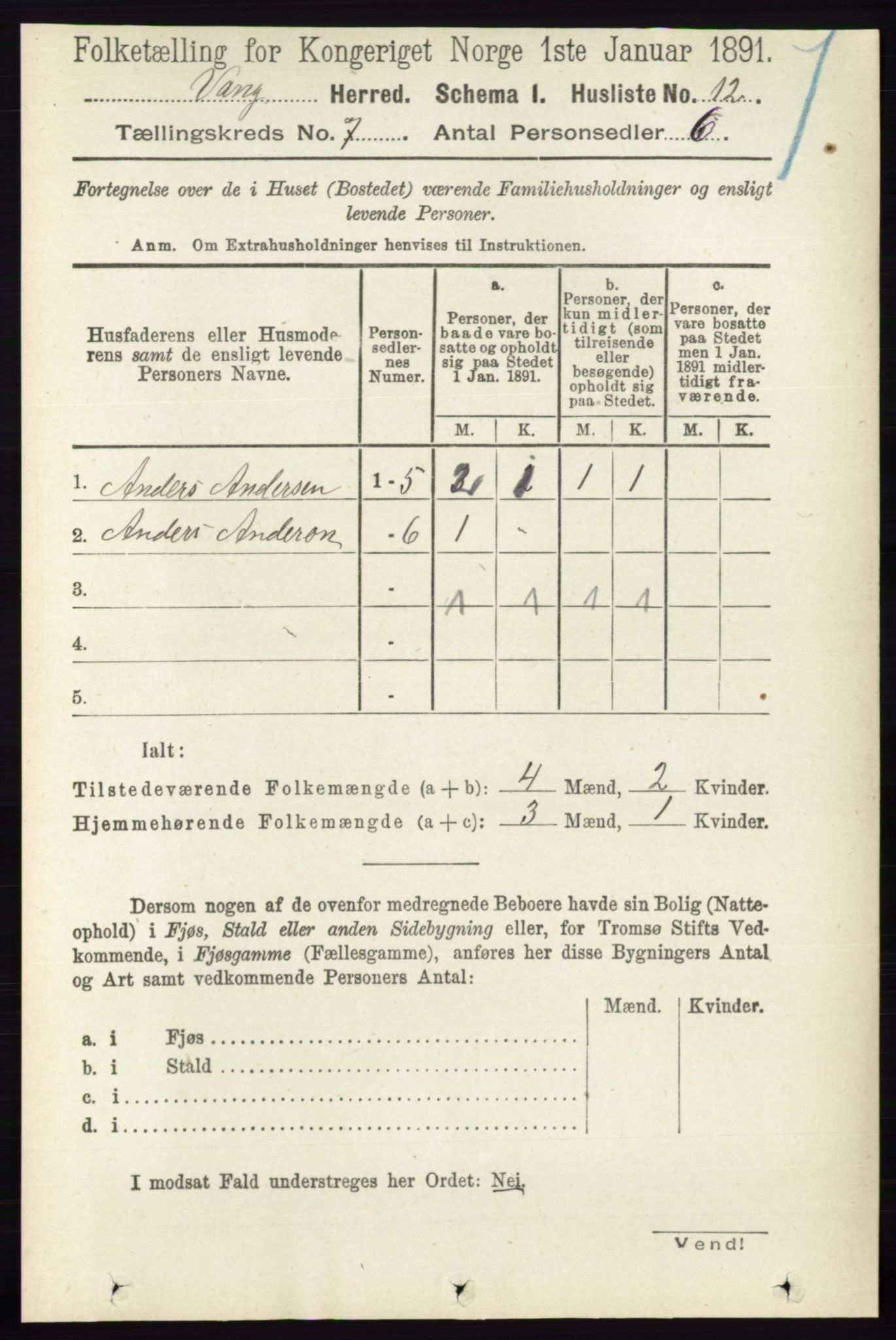 RA, 1891 census for 0414 Vang, 1891, p. 4931