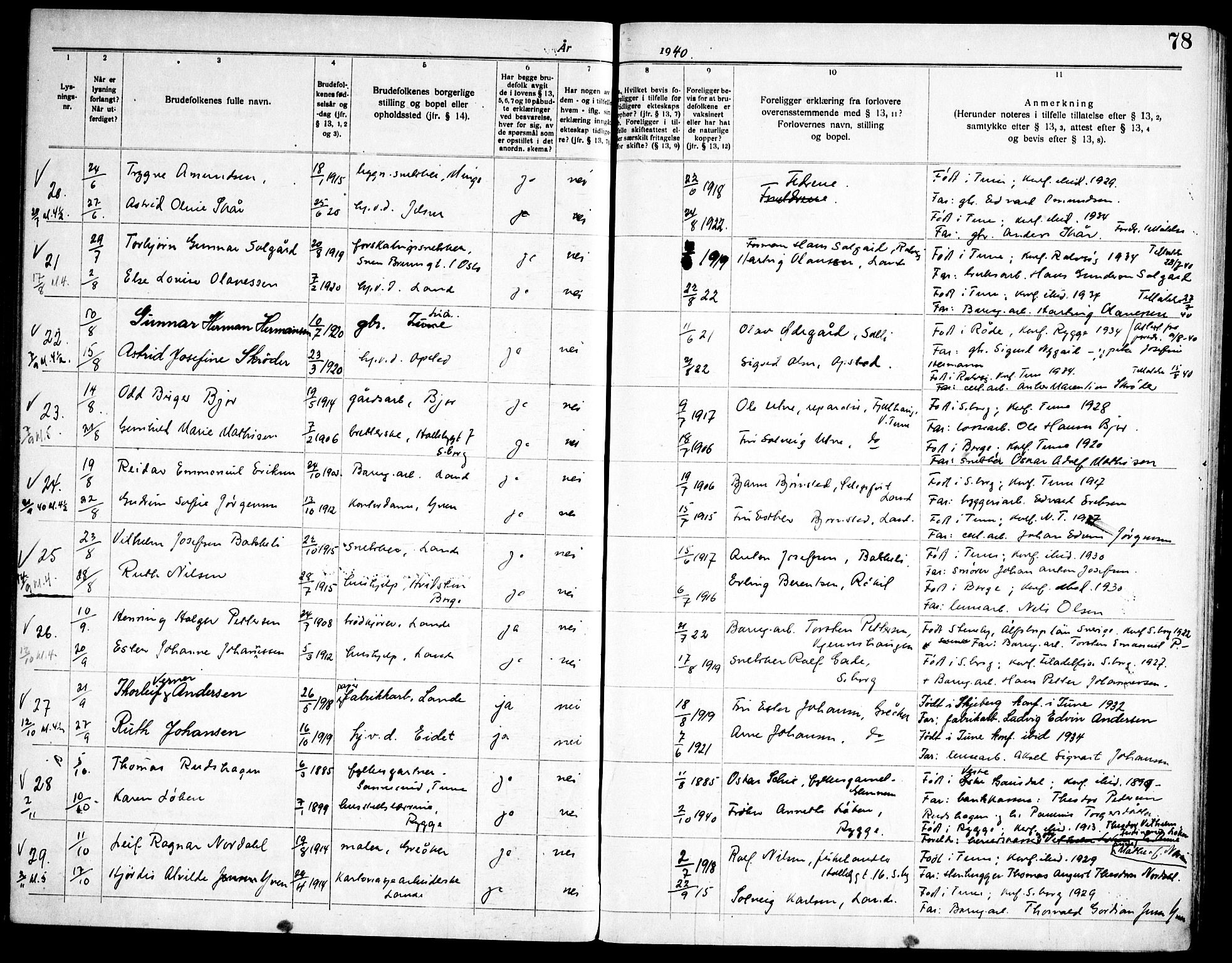 Tune prestekontor Kirkebøker, AV/SAO-A-2007/H/Ha/L0001: Banns register no. I 1, 1919-1946, p. 78