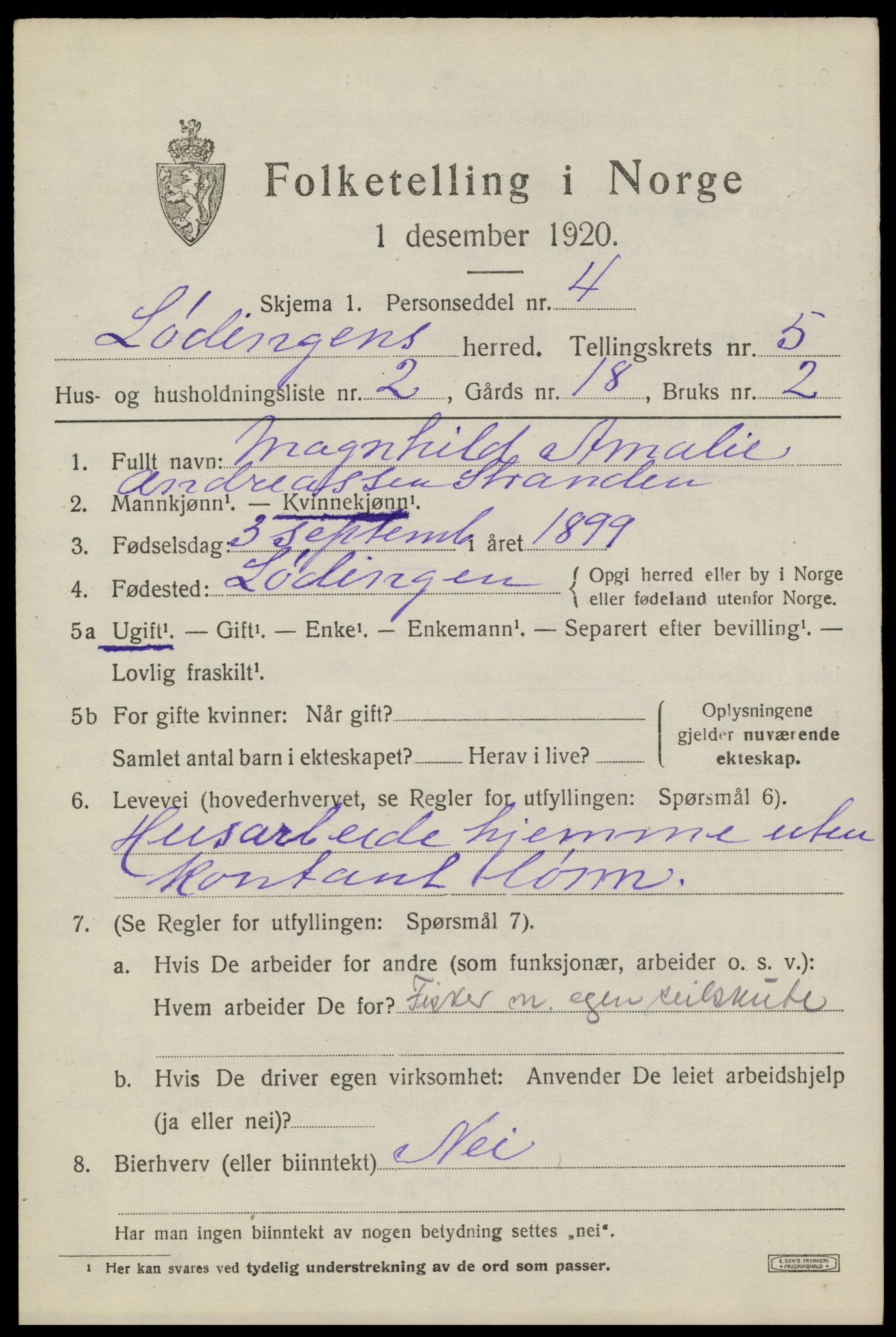 SAT, 1920 census for Lødingen, 1920, p. 3105