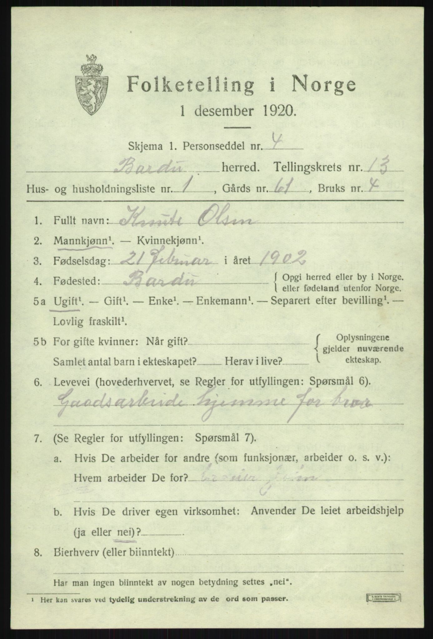 SATØ, 1920 census for Bardu, 1920, p. 4107