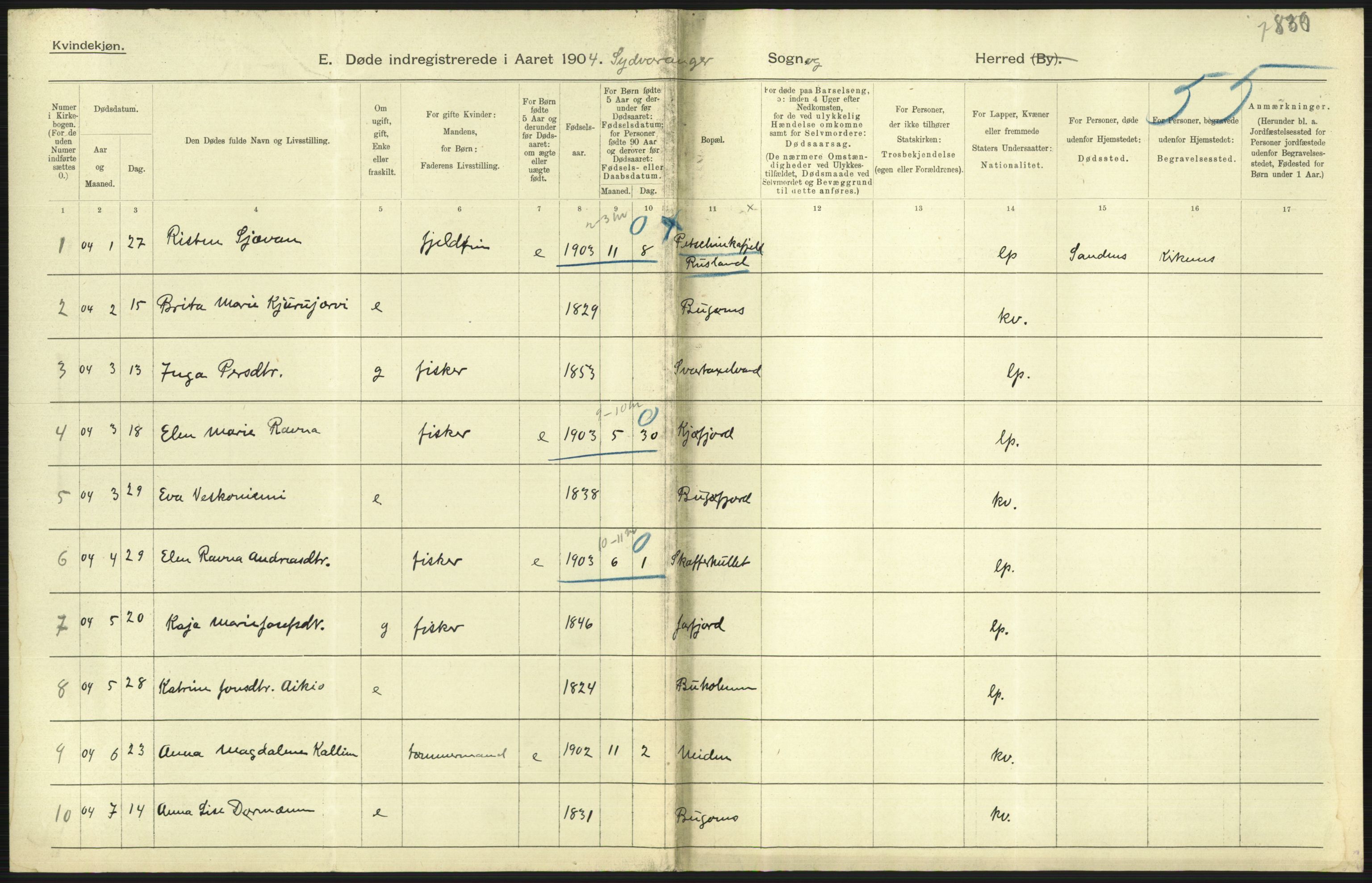 Statistisk sentralbyrå, Sosiodemografiske emner, Befolkning, AV/RA-S-2228/D/Df/Dfa/Dfab/L0023: Finnmarkens amt: Fødte, gifte, døde, 1904, p. 255