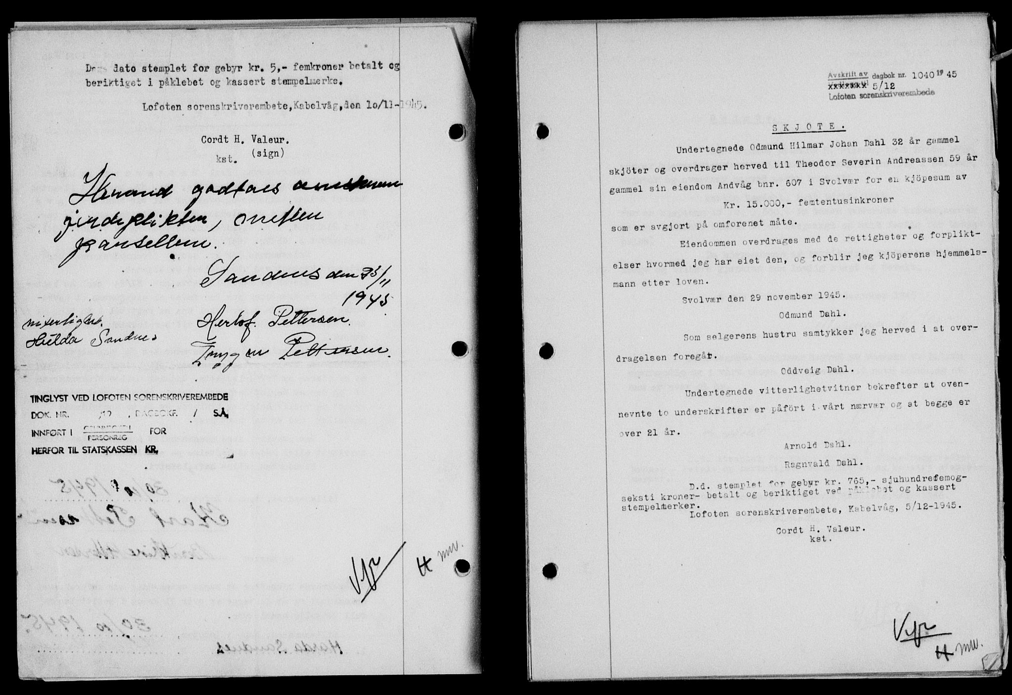 Lofoten sorenskriveri, SAT/A-0017/1/2/2C/L0013a: Mortgage book no. 13a, 1944-1946, Diary no: : 1040/1945
