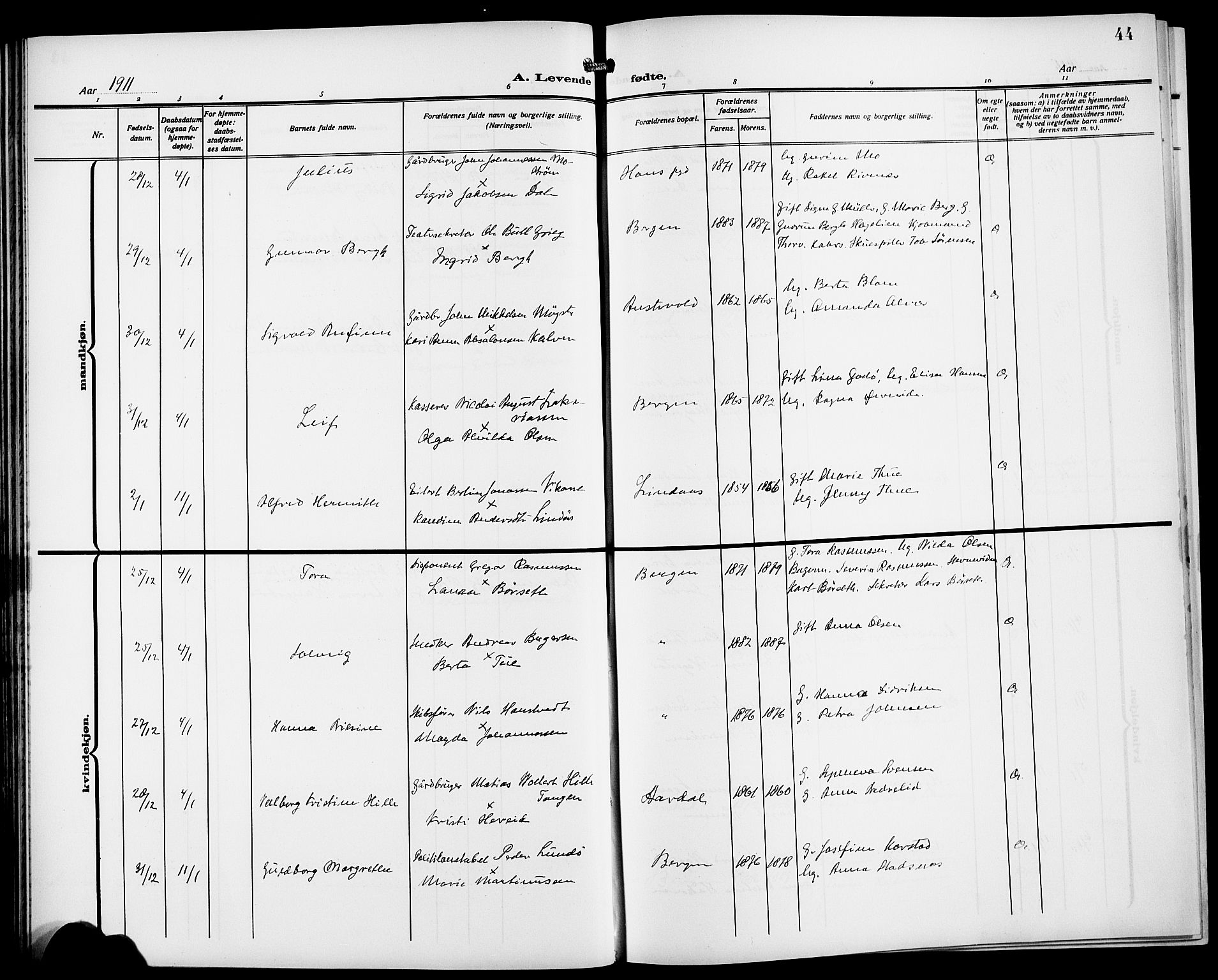 Fødselsstiftelsens sokneprestembete*, SAB/-: Parish register (copy) no. A 2, 1909-1916, p. 44