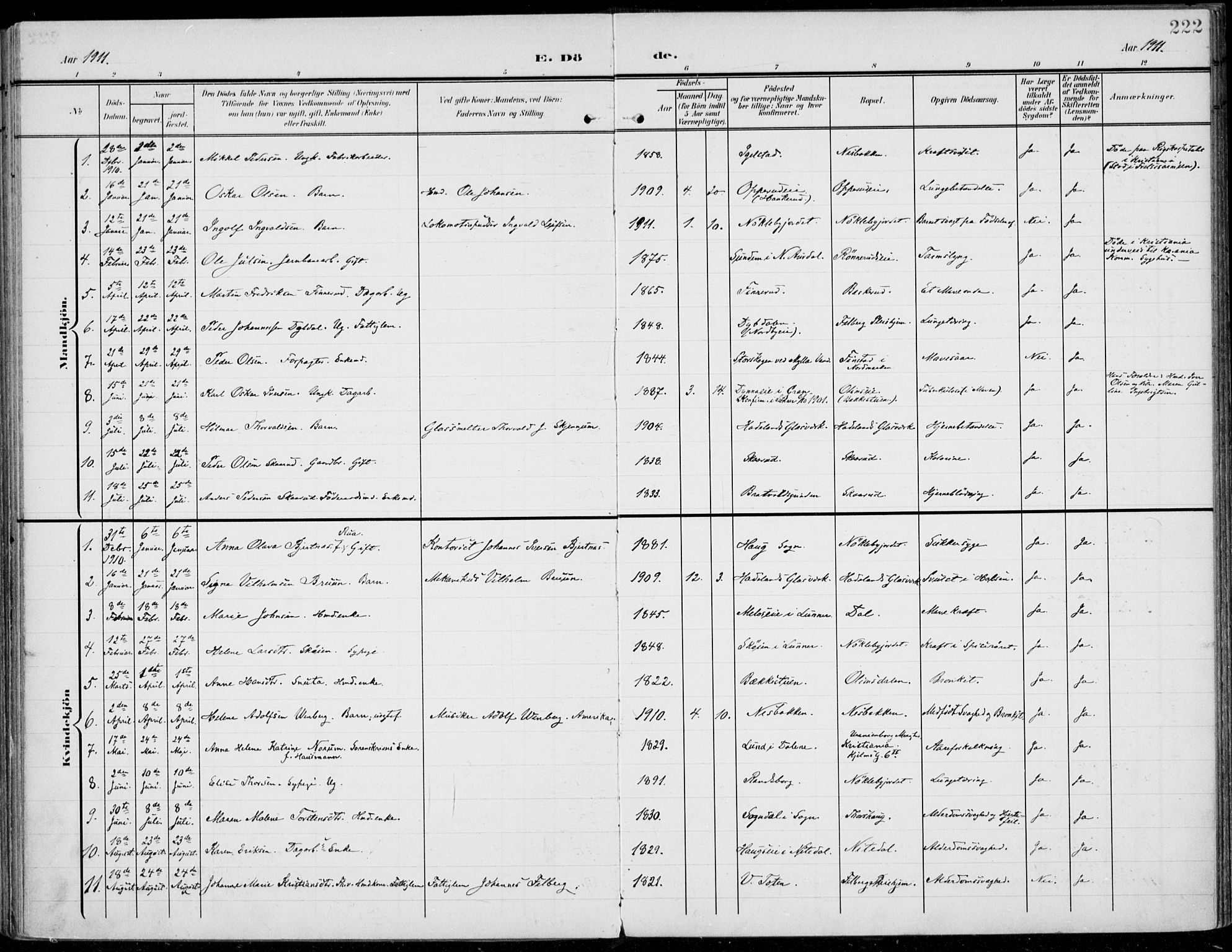 Jevnaker prestekontor, AV/SAH-PREST-116/H/Ha/Haa/L0011: Parish register (official) no. 11, 1902-1913, p. 222