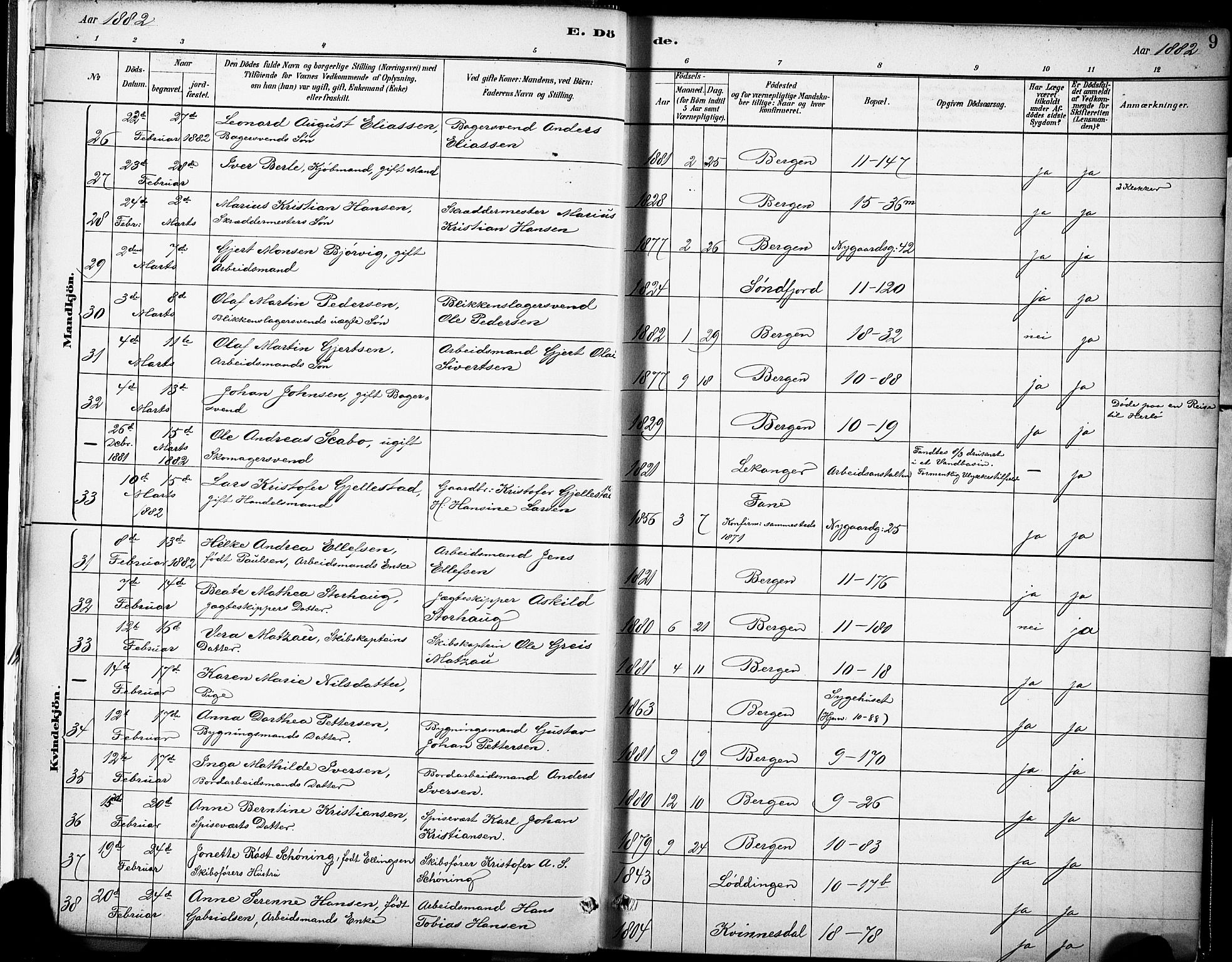 Domkirken sokneprestembete, SAB/A-74801/H/Haa/L0043: Parish register (official) no. E 5, 1882-1904, p. 9