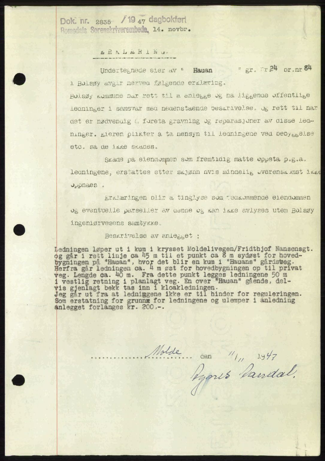 Romsdal sorenskriveri, SAT/A-4149/1/2/2C: Mortgage book no. A24, 1947-1947, Diary no: : 2835/1947