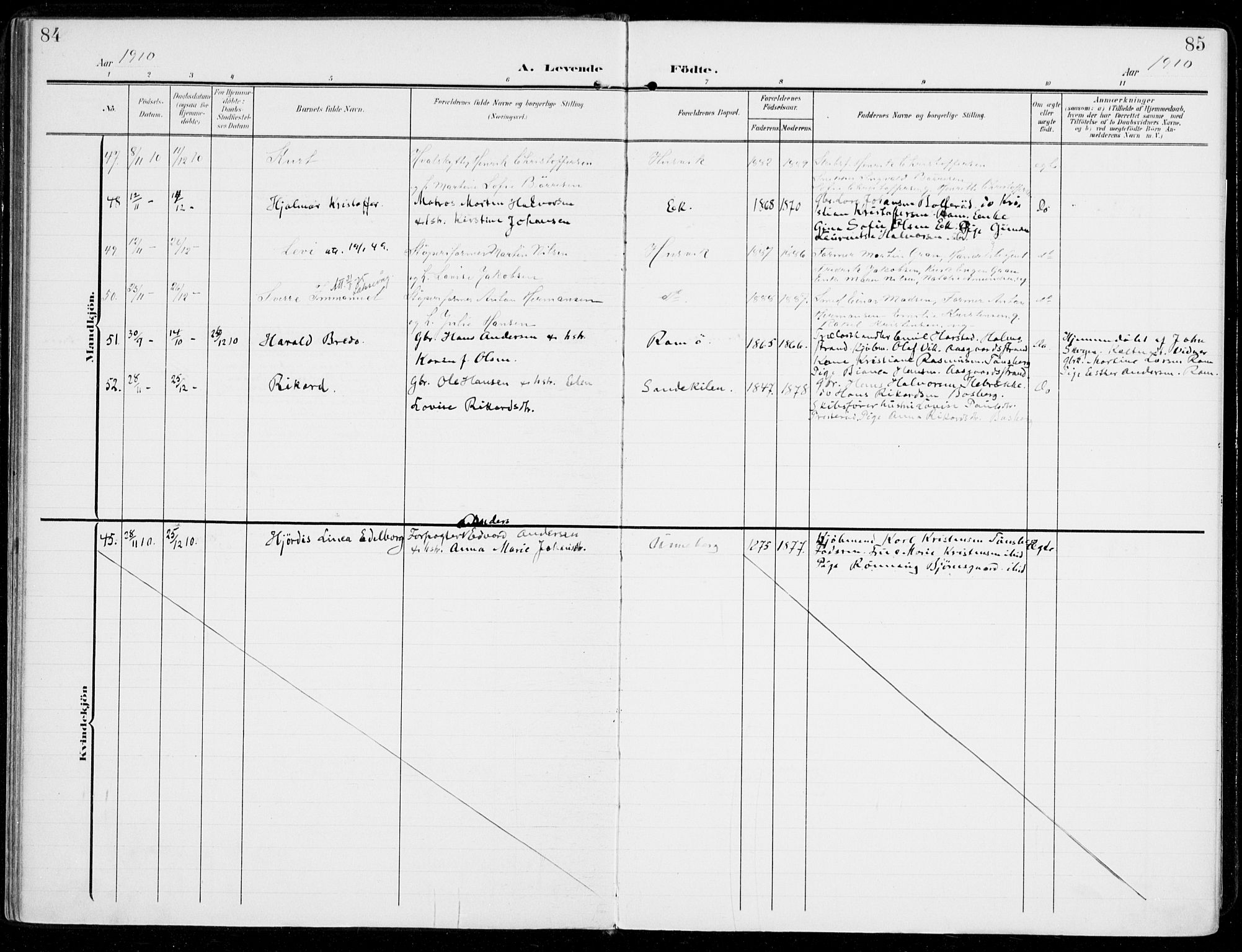 Sem kirkebøker, SAKO/A-5/F/Fb/L0006: Parish register (official) no. II 6, 1905-1918, p. 84-85