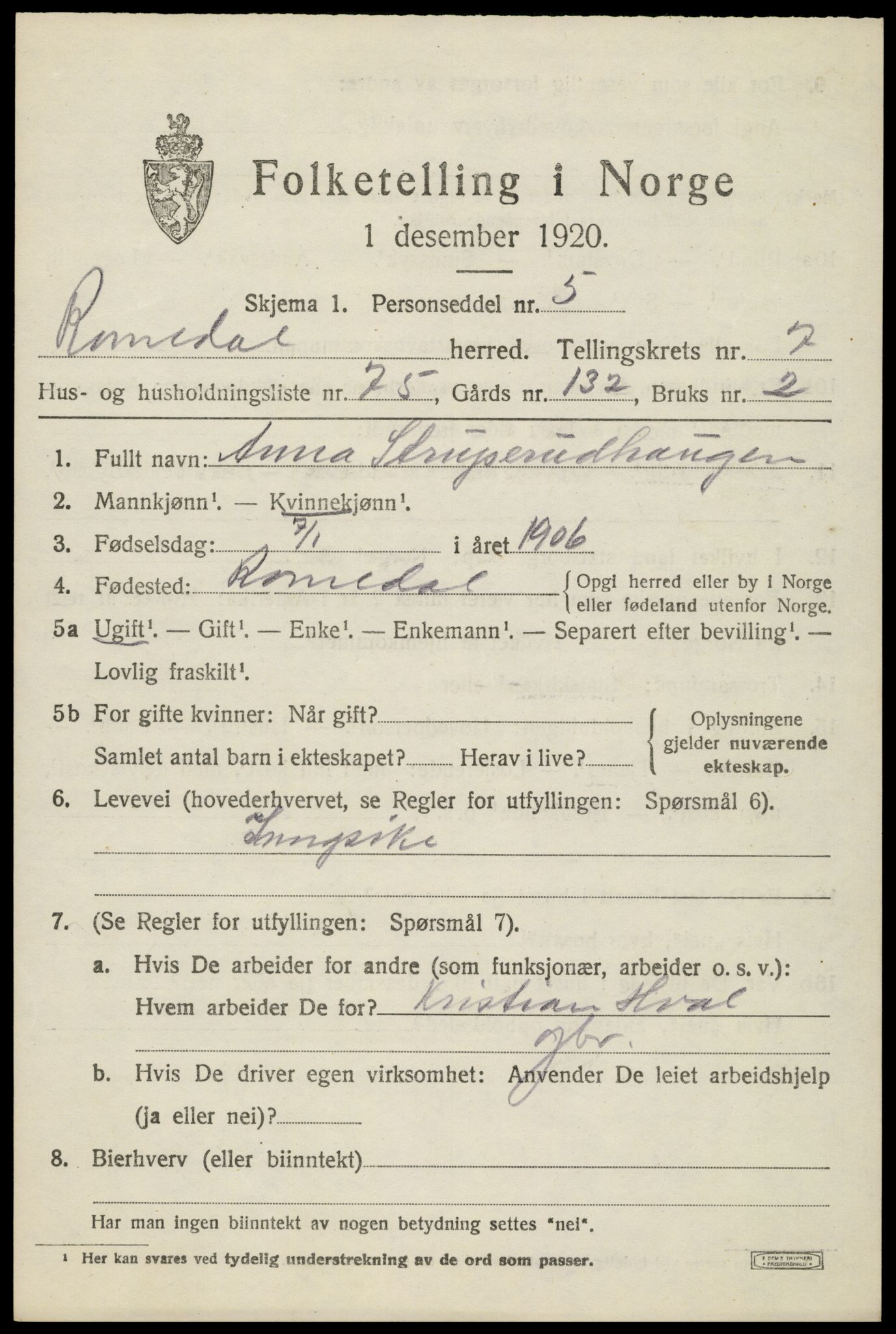 SAH, 1920 census for Romedal, 1920, p. 9561