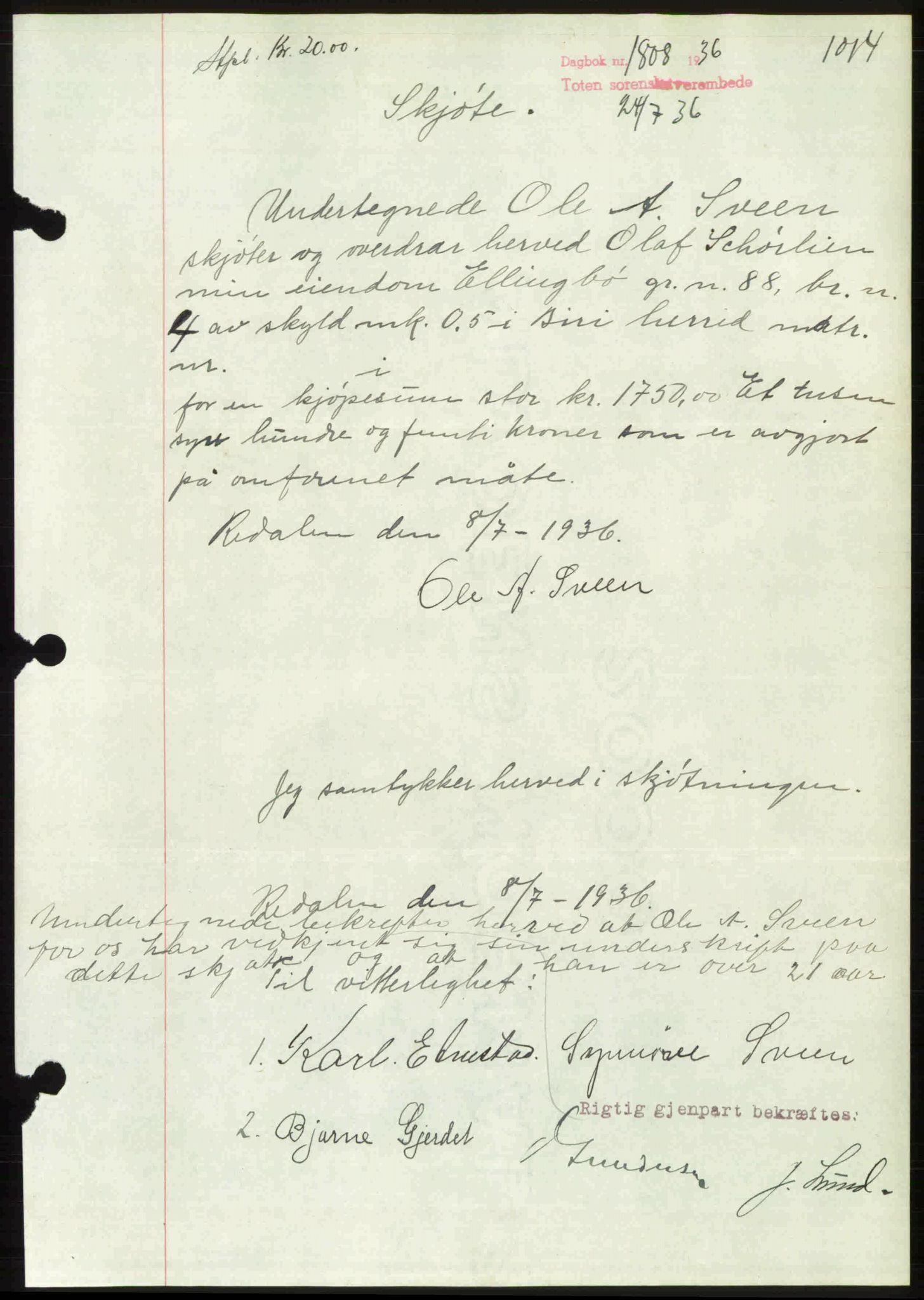 Toten tingrett, AV/SAH-TING-006/H/Hb/Hbc/L0001: Mortgage book no. Hbc-01, 1936-1936, Diary no: : 1808/1936