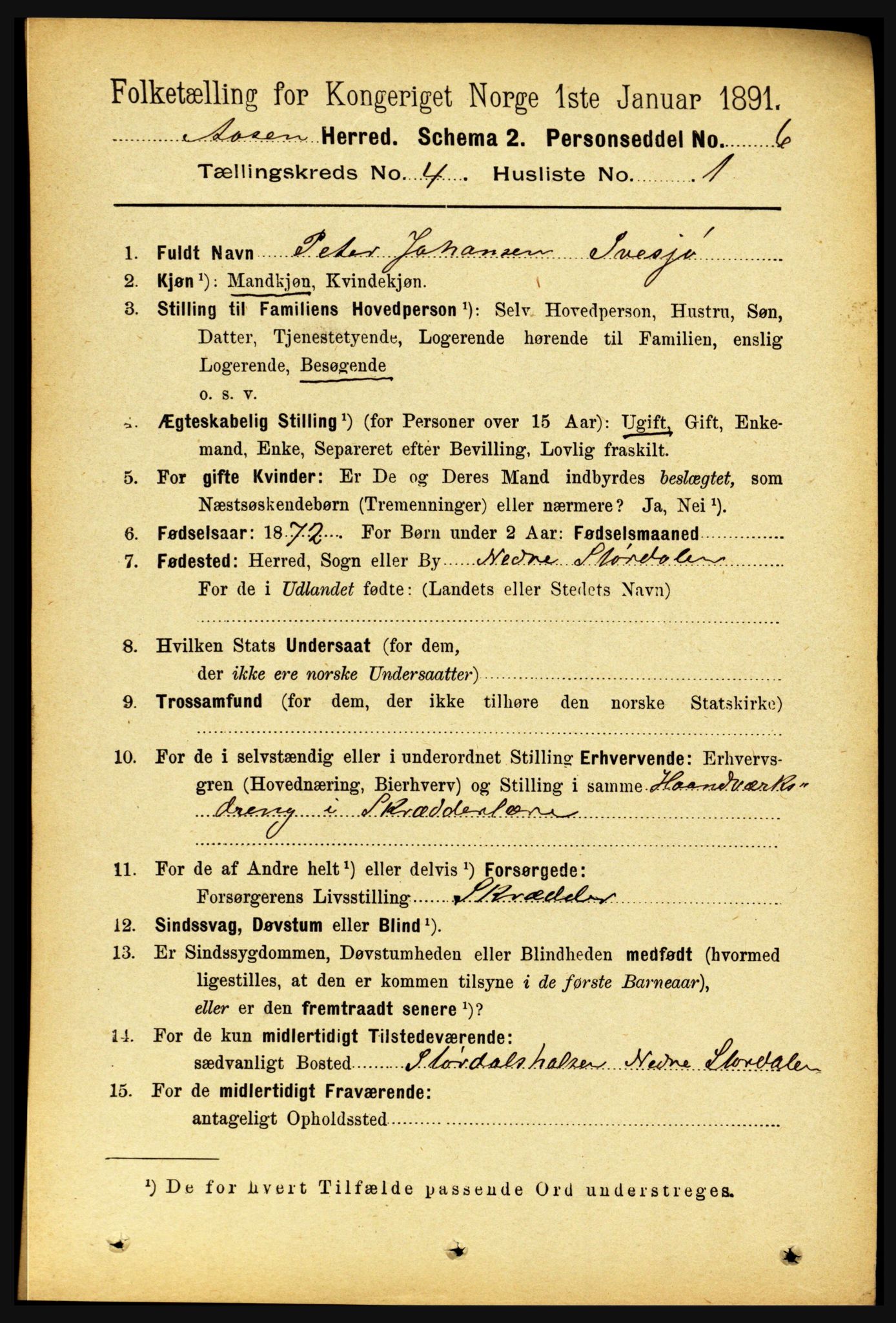 RA, 1891 census for 1716 Åsen, 1891, p. 1421