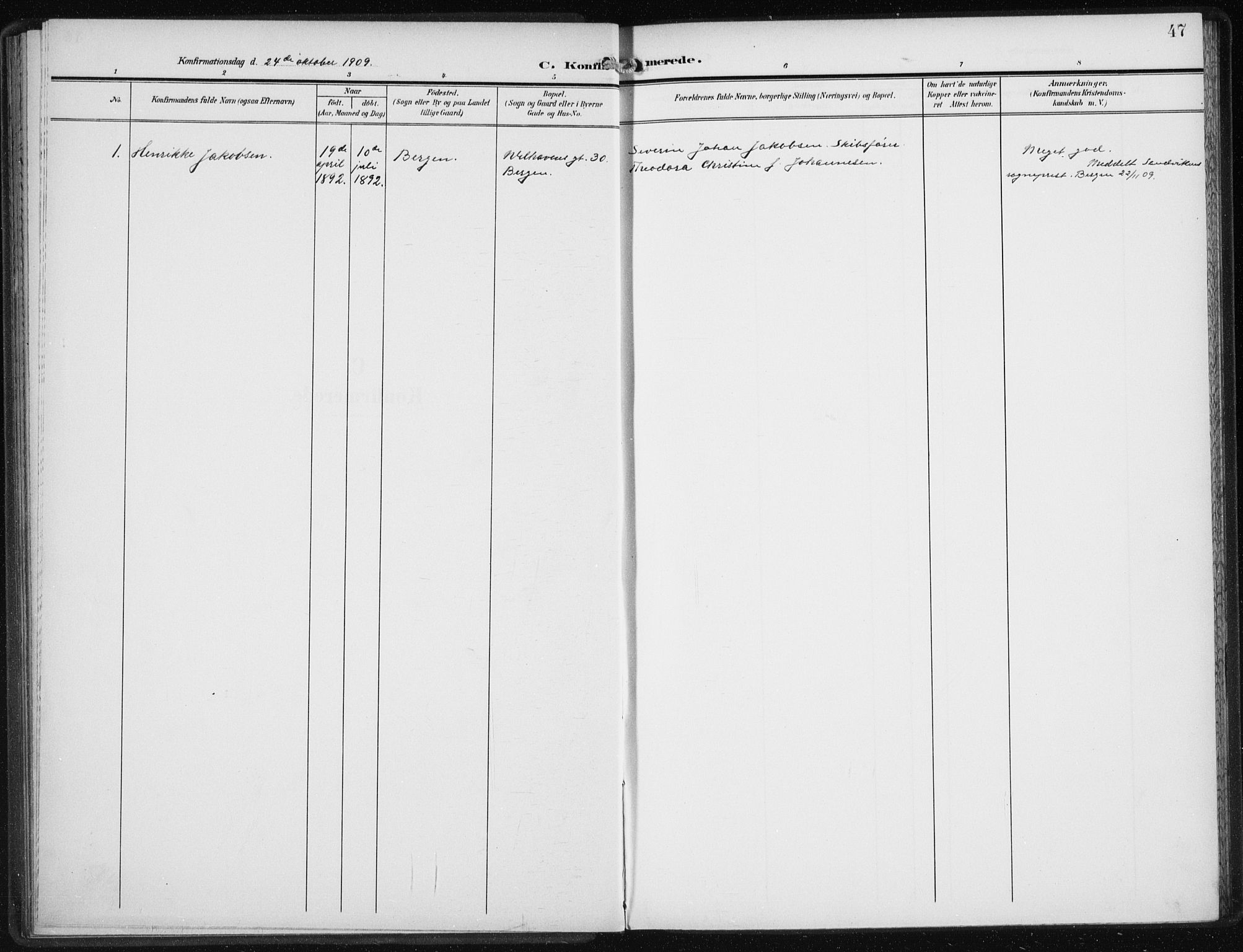 Den norske sjømannsmisjon i utlandet/New York, SAB/SAB/PA-0110/H/Ha/L0006: Parish register (official) no. A 6, 1909-1914, p. 47