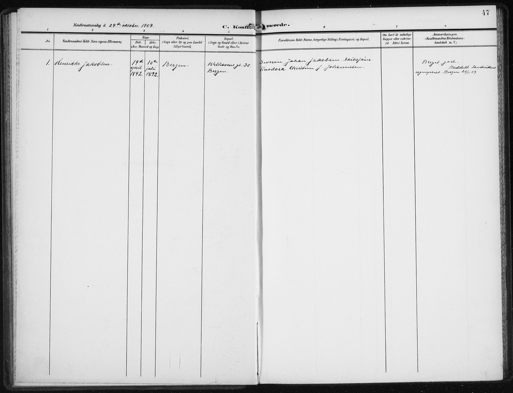 Den norske sjømannsmisjon i utlandet/New York, AV/SAB-SAB/PA-0110/H/Ha/L0006: Parish register (official) no. A 6, 1909-1914, p. 47