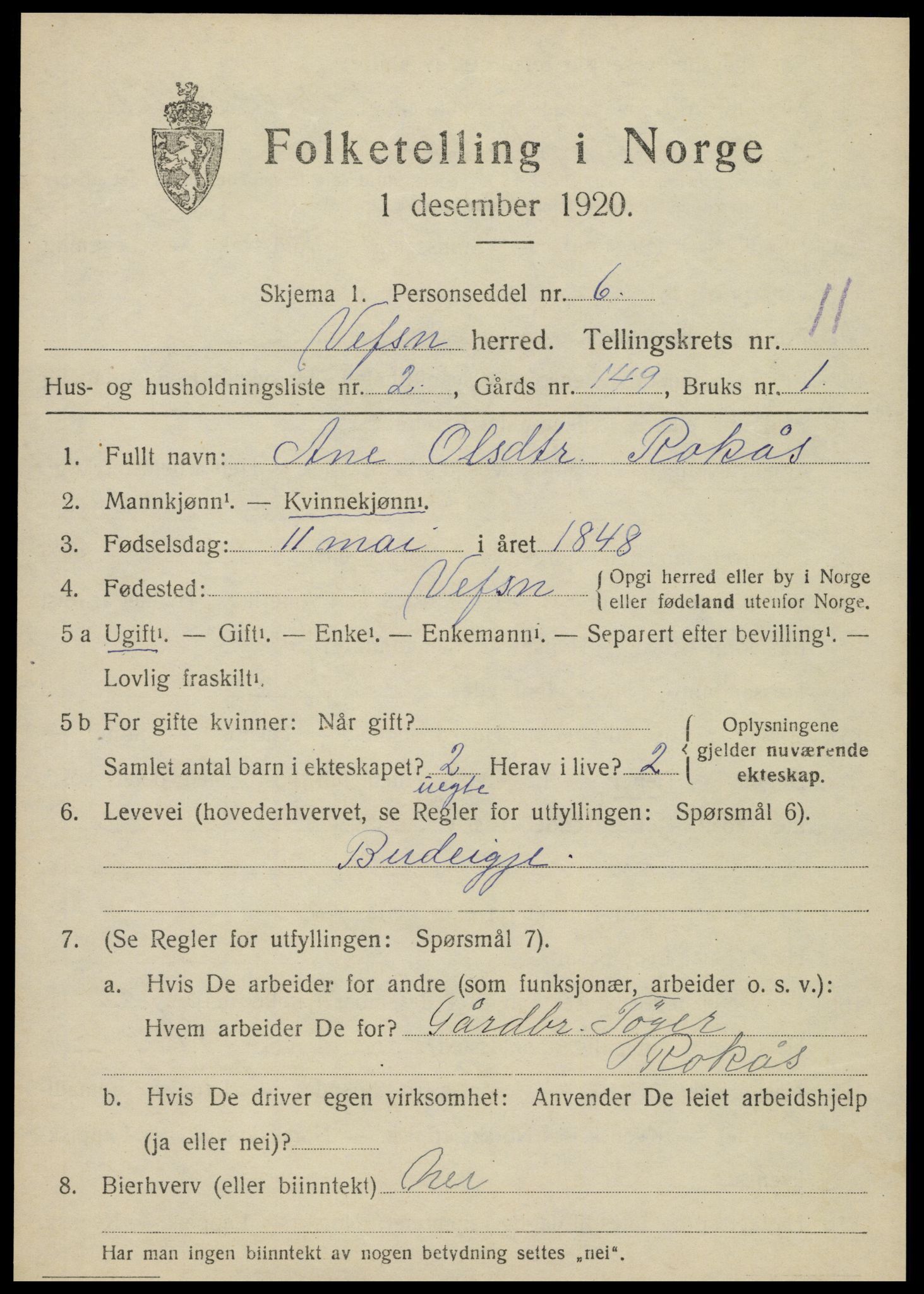 SAT, 1920 census for Vefsn, 1920, p. 8377