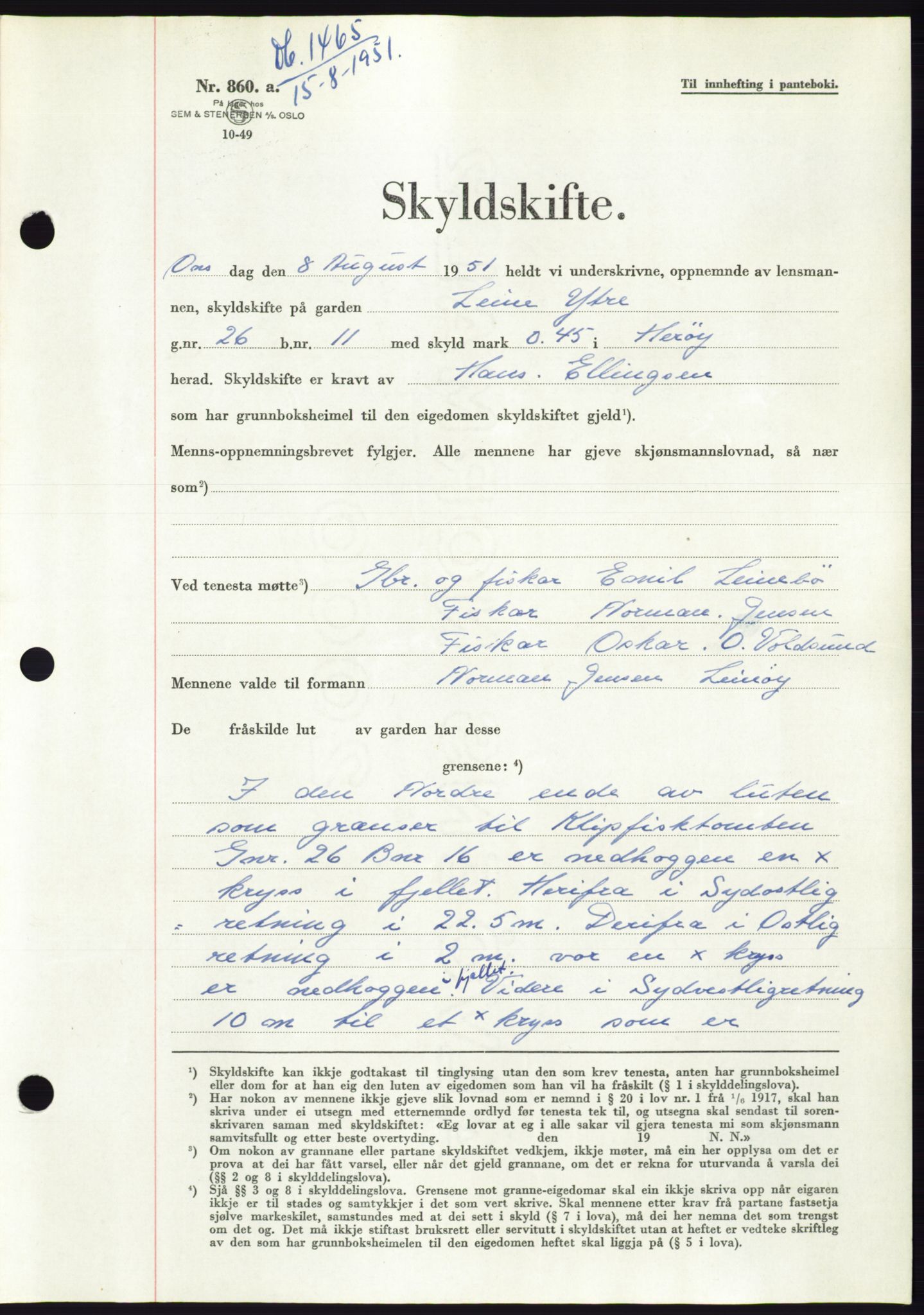 Søre Sunnmøre sorenskriveri, AV/SAT-A-4122/1/2/2C/L0089: Mortgage book no. 15A, 1951-1951, Diary no: : 1465/1951