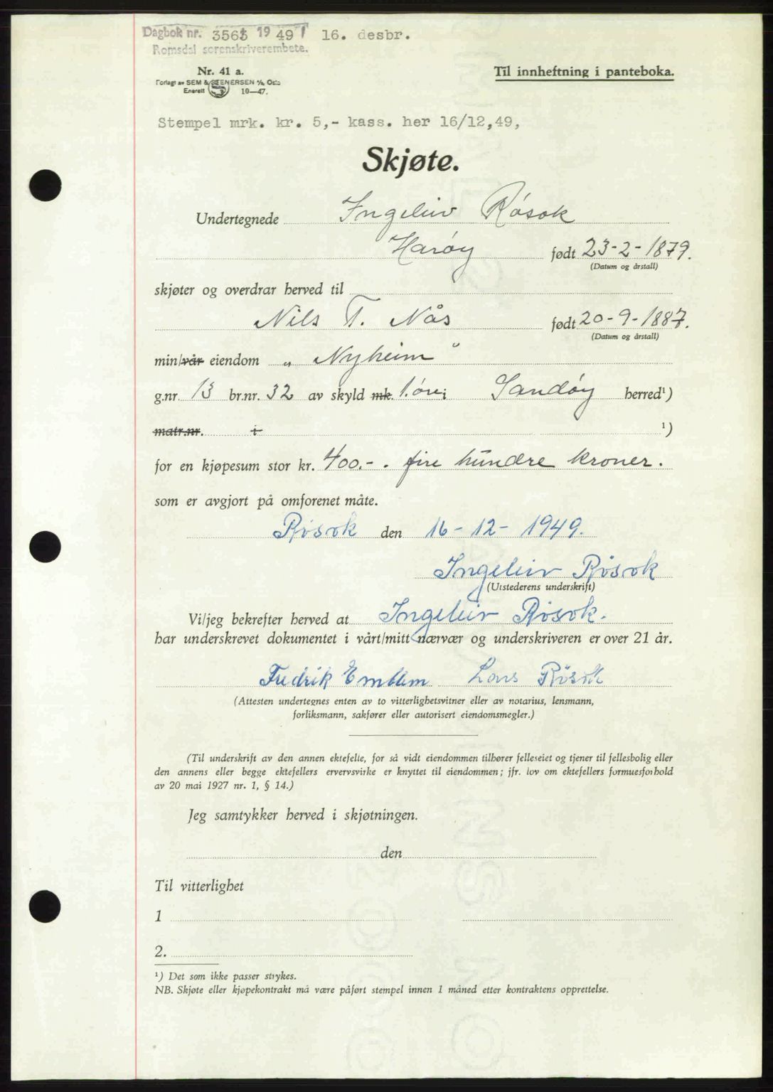 Romsdal sorenskriveri, AV/SAT-A-4149/1/2/2C: Mortgage book no. A31, 1949-1949, Diary no: : 3563/1949