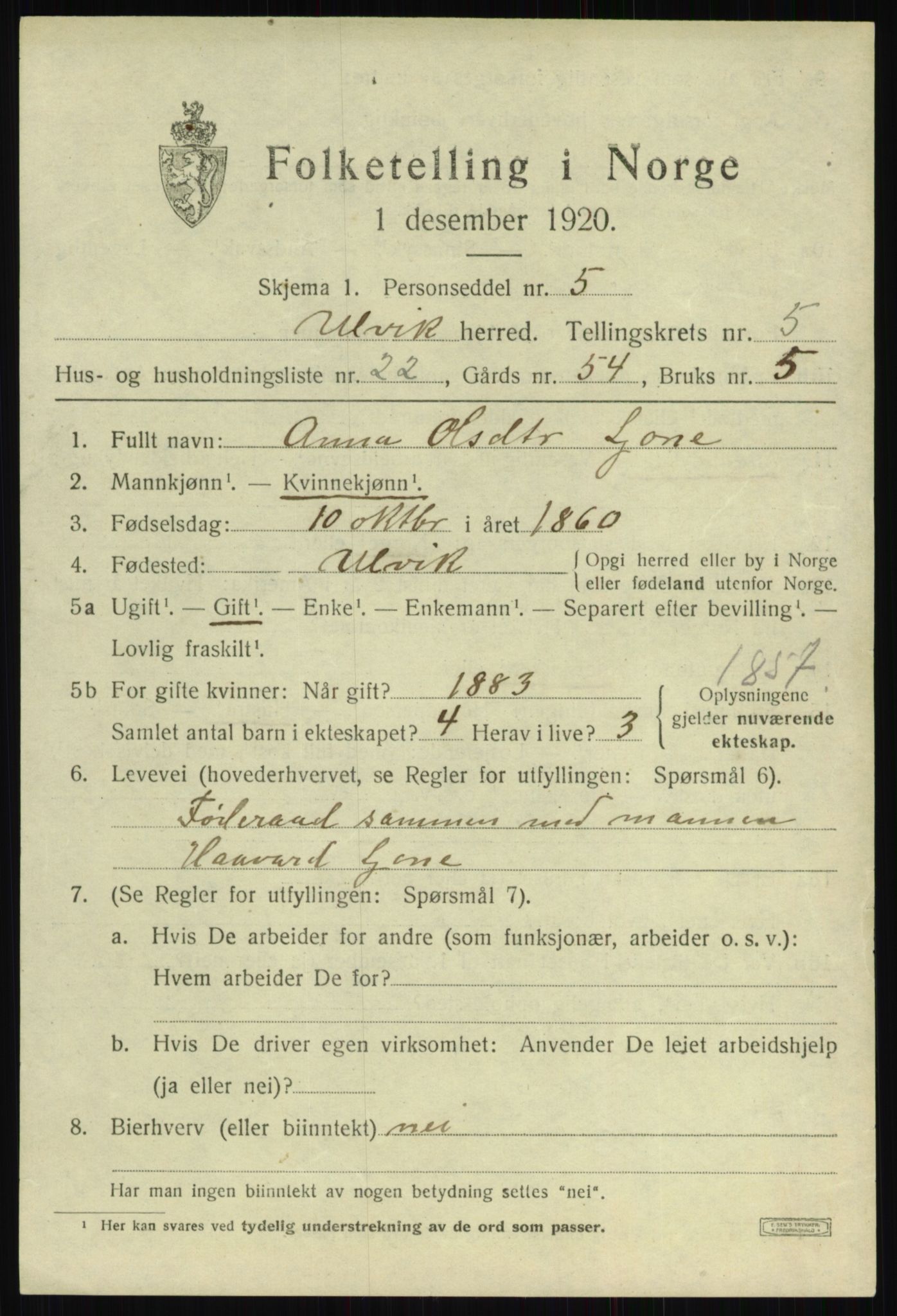 SAB, 1920 census for Ulvik, 1920, p. 92