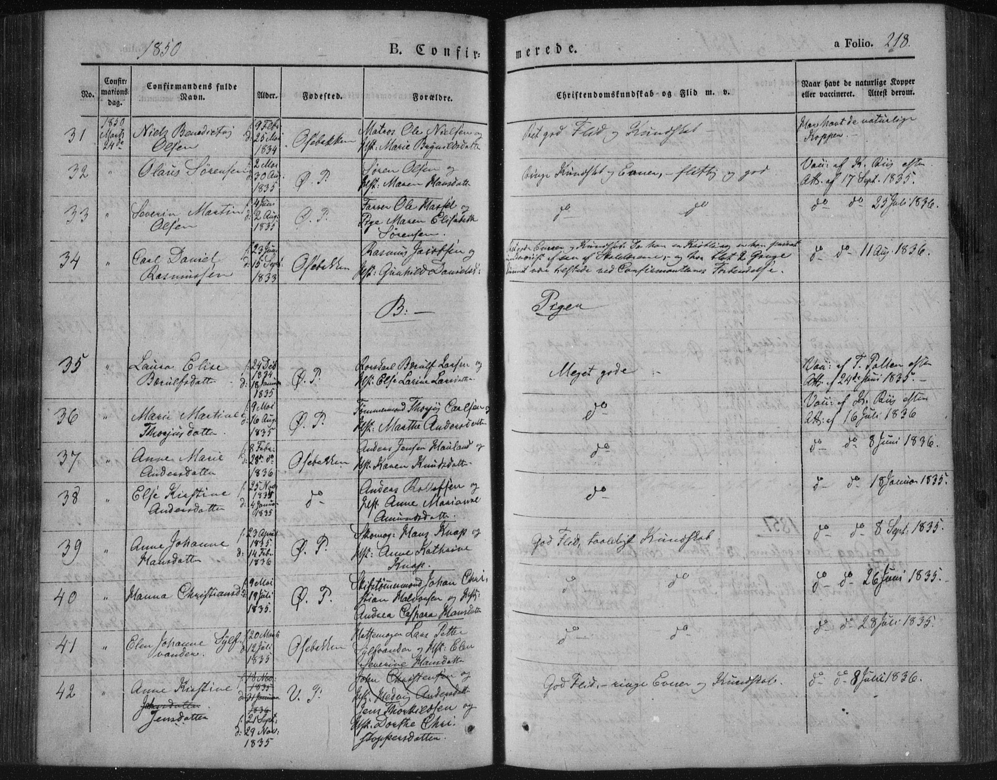 Porsgrunn kirkebøker , SAKO/A-104/F/Fa/L0006: Parish register (official) no. 6, 1841-1857, p. 218