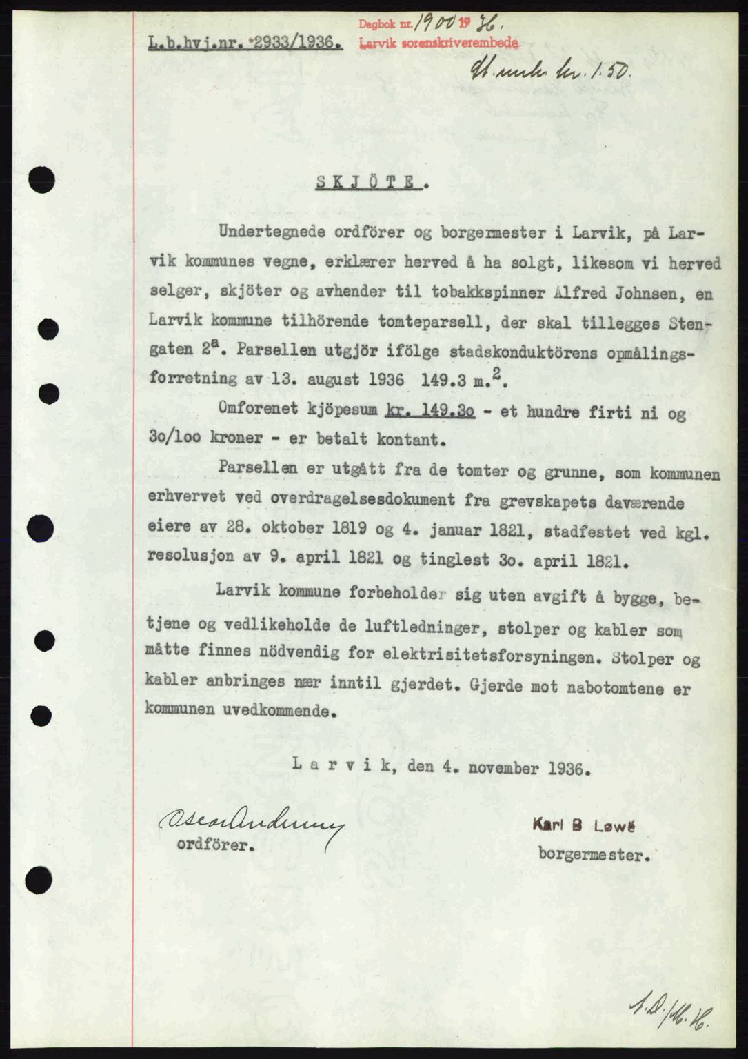 Larvik sorenskriveri, SAKO/A-83/G/Ga/Gab/L0067: Mortgage book no. A-1, 1936-1937, Diary no: : 1900/1936