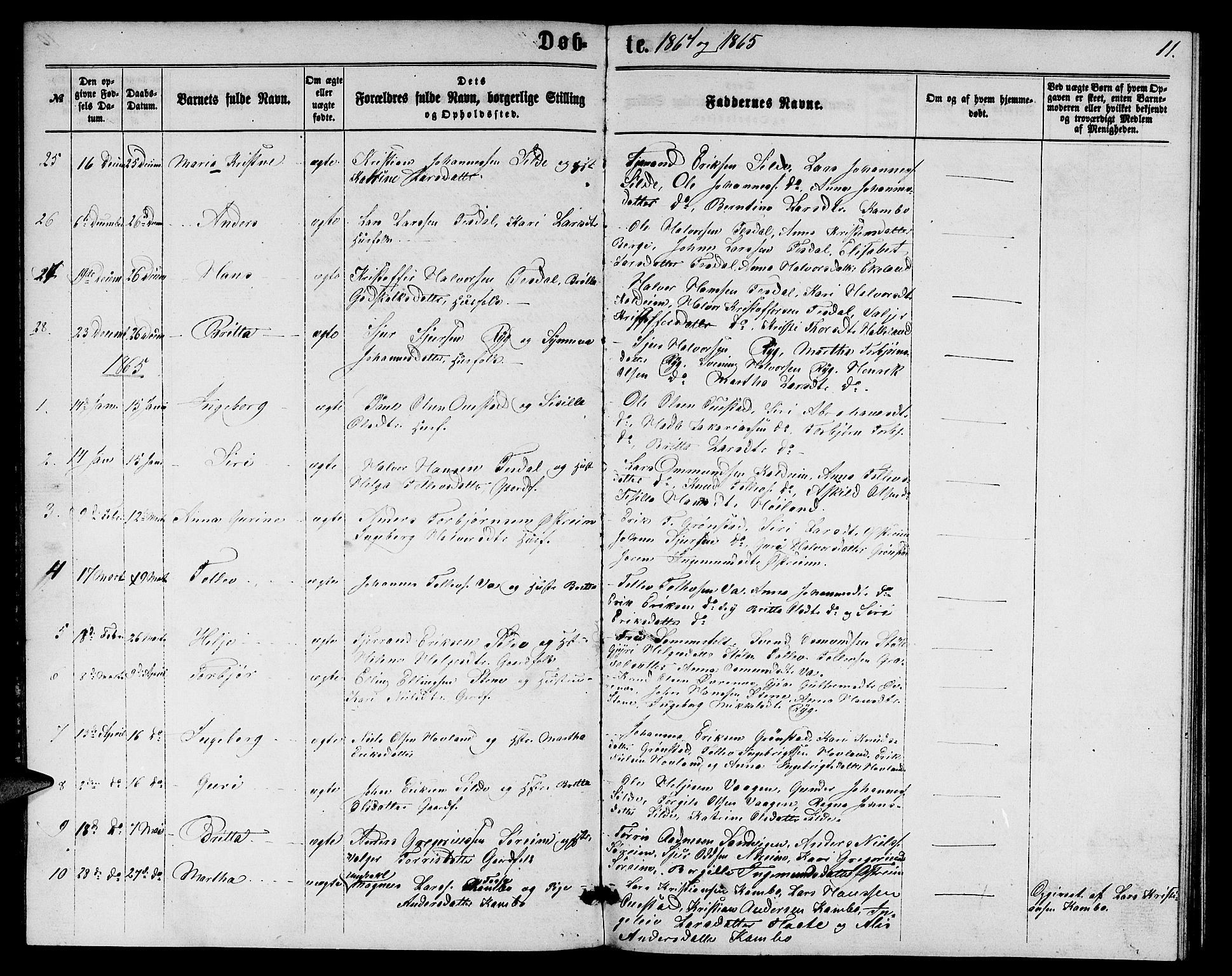 Etne sokneprestembete, SAB/A-75001/H/Hab: Parish register (copy) no. A 3, 1863-1873, p. 11