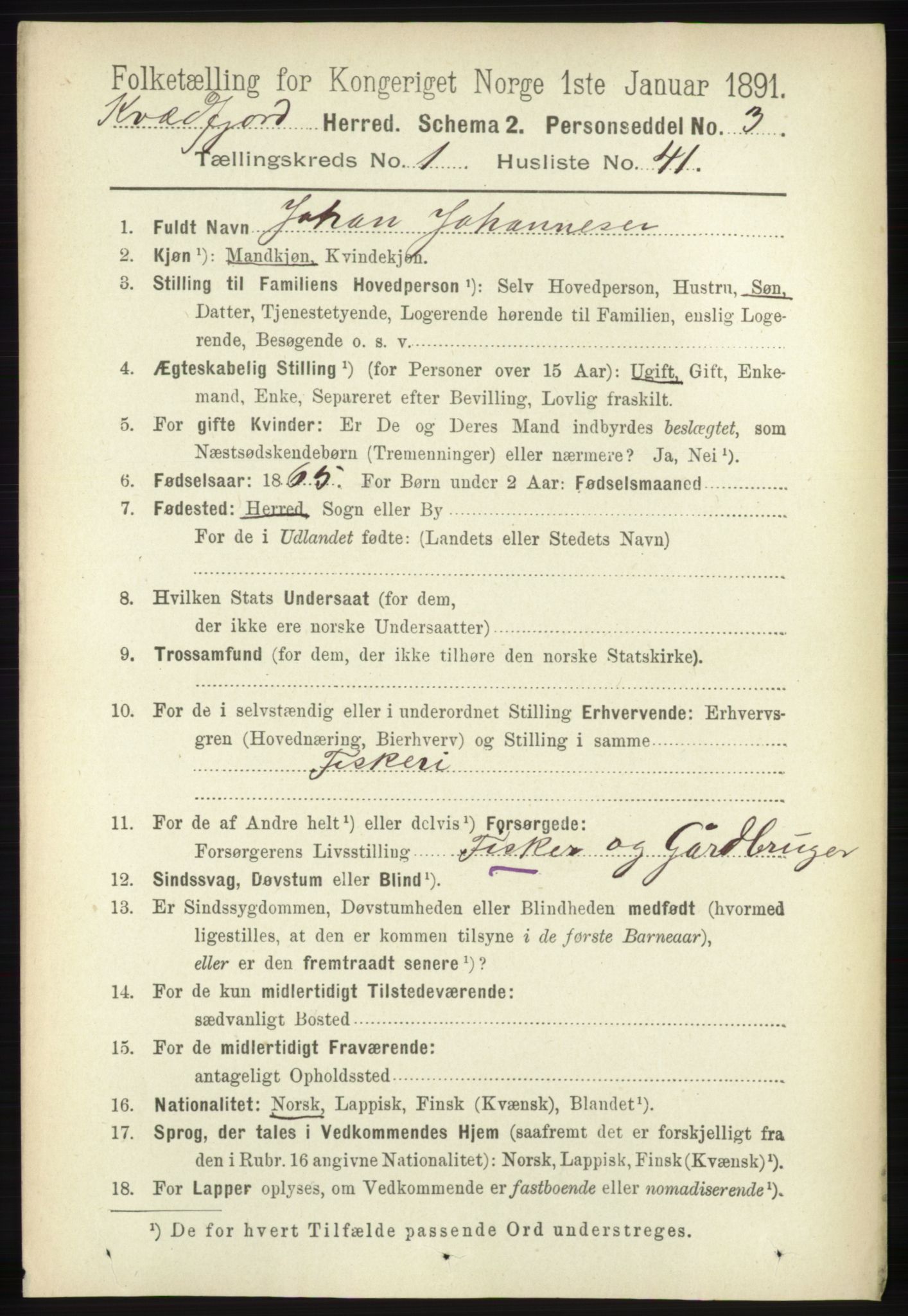 RA, 1891 census for 1911 Kvæfjord, 1891, p. 354