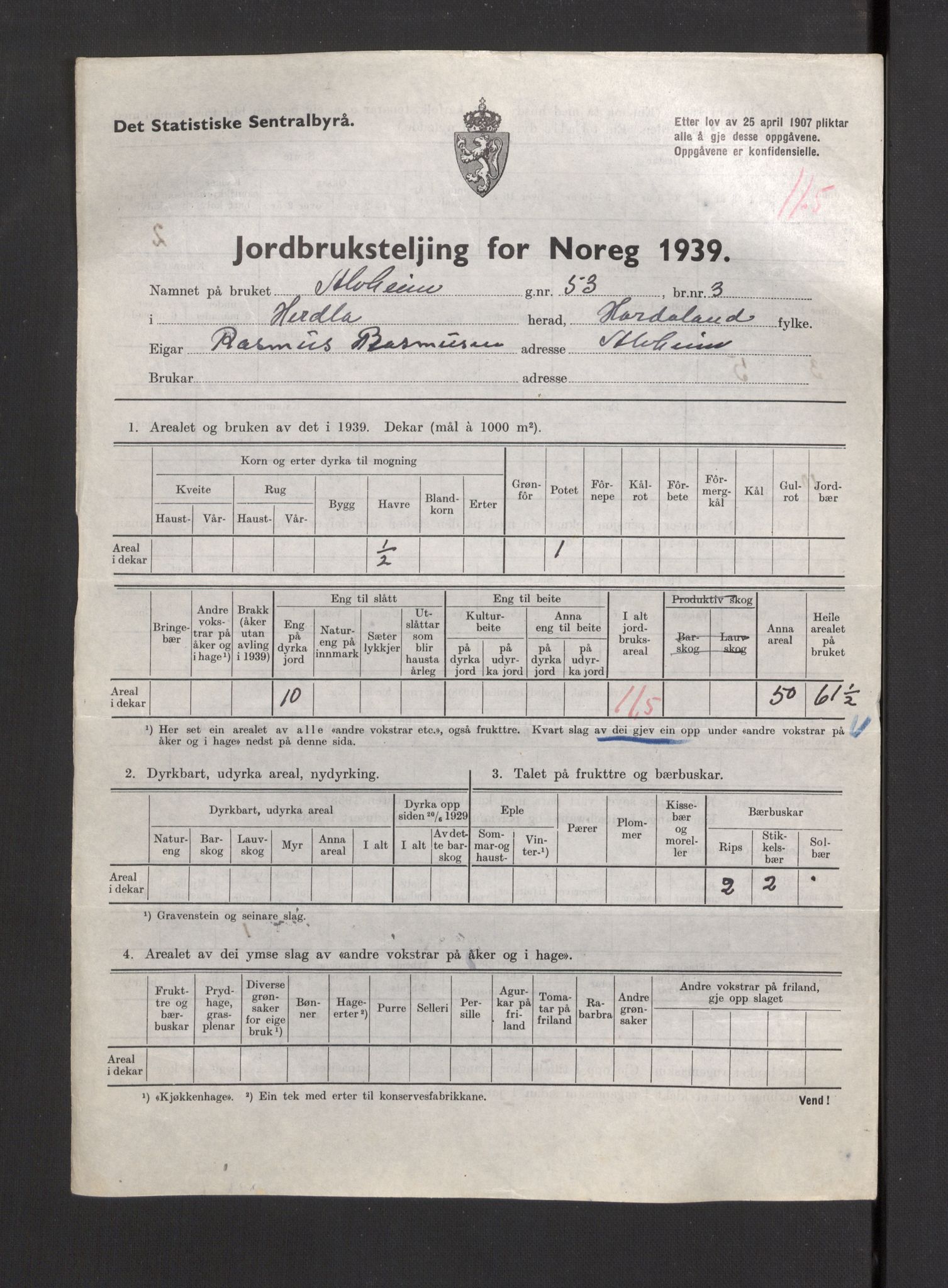 Statistisk sentralbyrå, Næringsøkonomiske emner, Jordbruk, skogbruk, jakt, fiske og fangst, AV/RA-S-2234/G/Gb/L0211: Hordaland: Herdla, Hjelme og Manger, 1939, p. 699