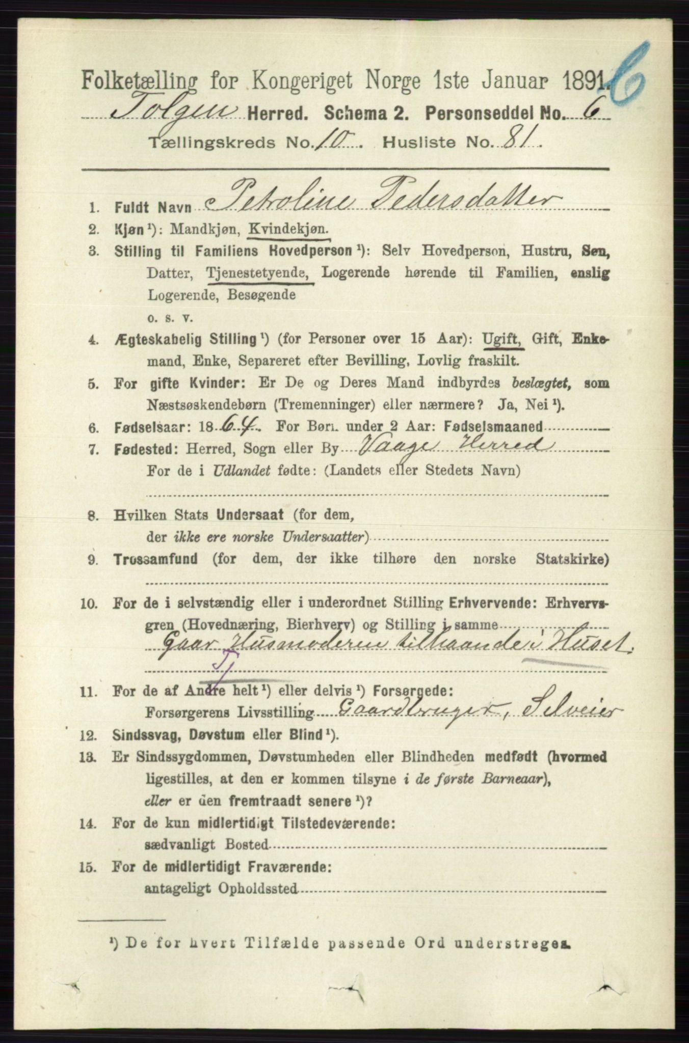 RA, 1891 census for 0436 Tolga, 1891, p. 3137