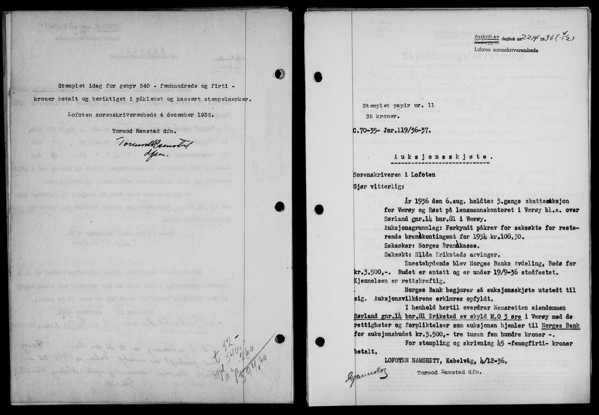 Lofoten sorenskriveri, SAT/A-0017/1/2/2C/L0001a: Mortgage book no. 1a, 1936-1937, Diary no: : 2214/1936
