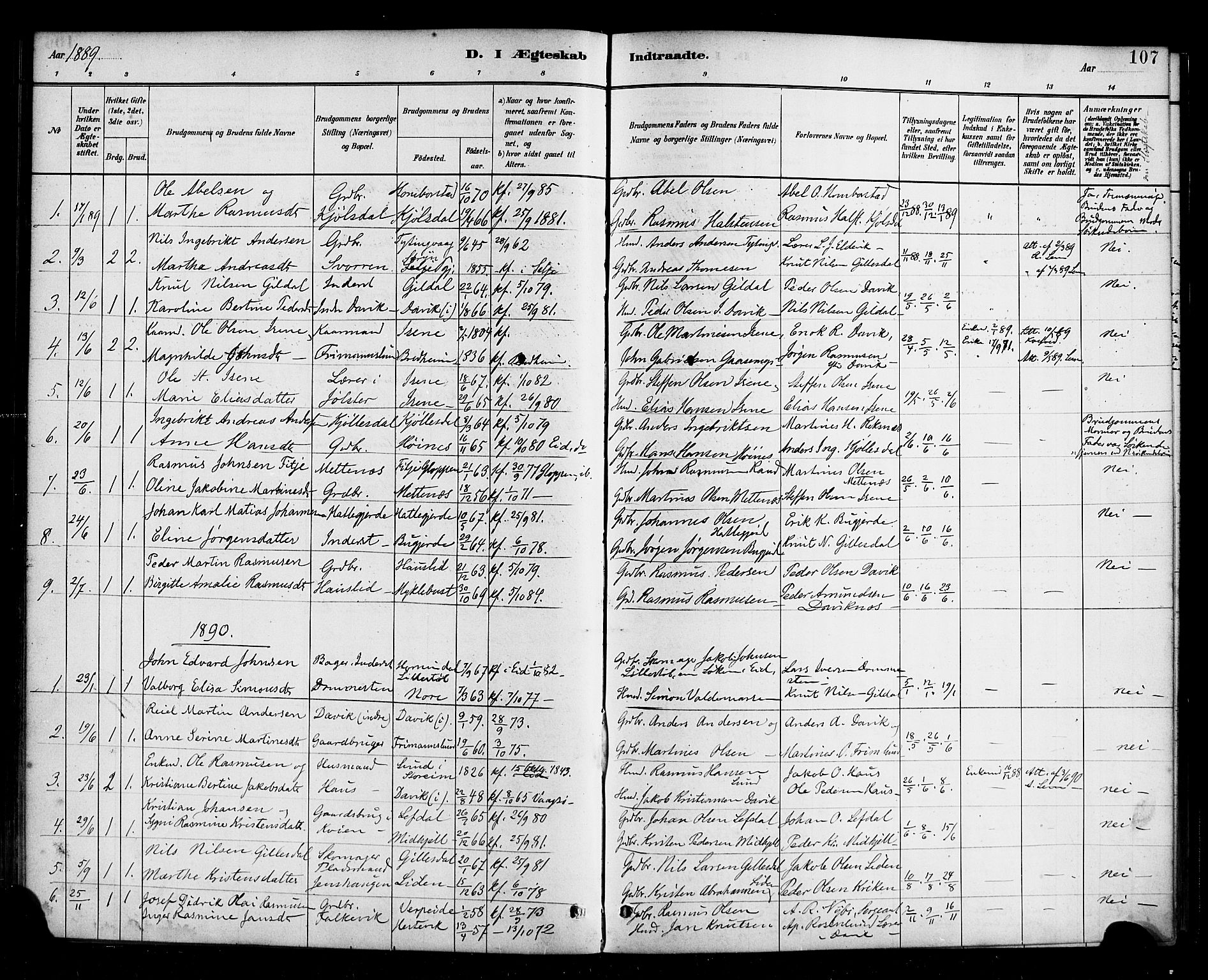 Davik sokneprestembete, AV/SAB-A-79701/H/Haa/Haab/L0001: Parish register (official) no. B 1, 1882-1900, p. 107