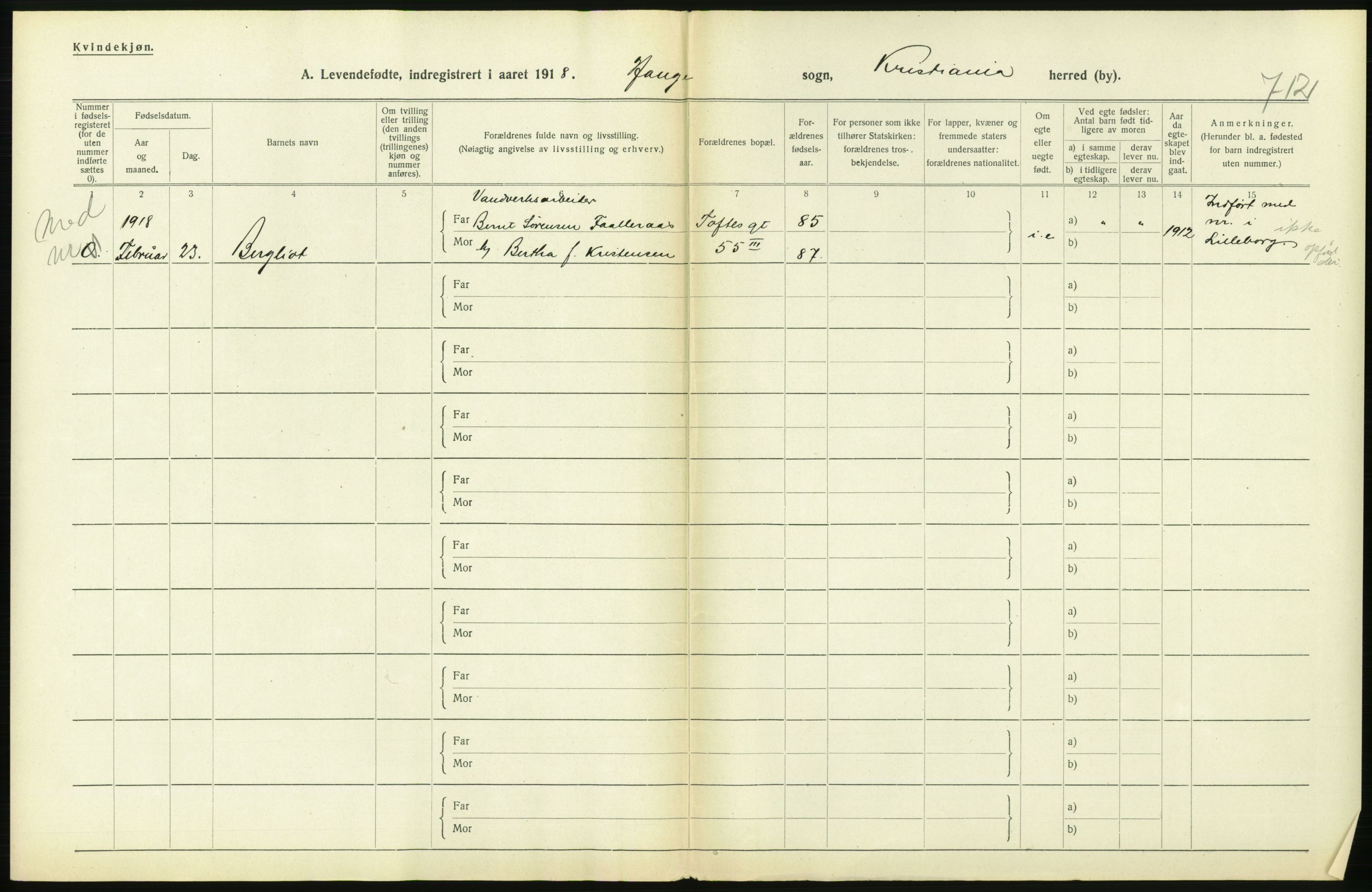 Statistisk sentralbyrå, Sosiodemografiske emner, Befolkning, AV/RA-S-2228/D/Df/Dfb/Dfbh/L0007: Kristiania: Levendefødte menn og kvinner., 1918, p. 412