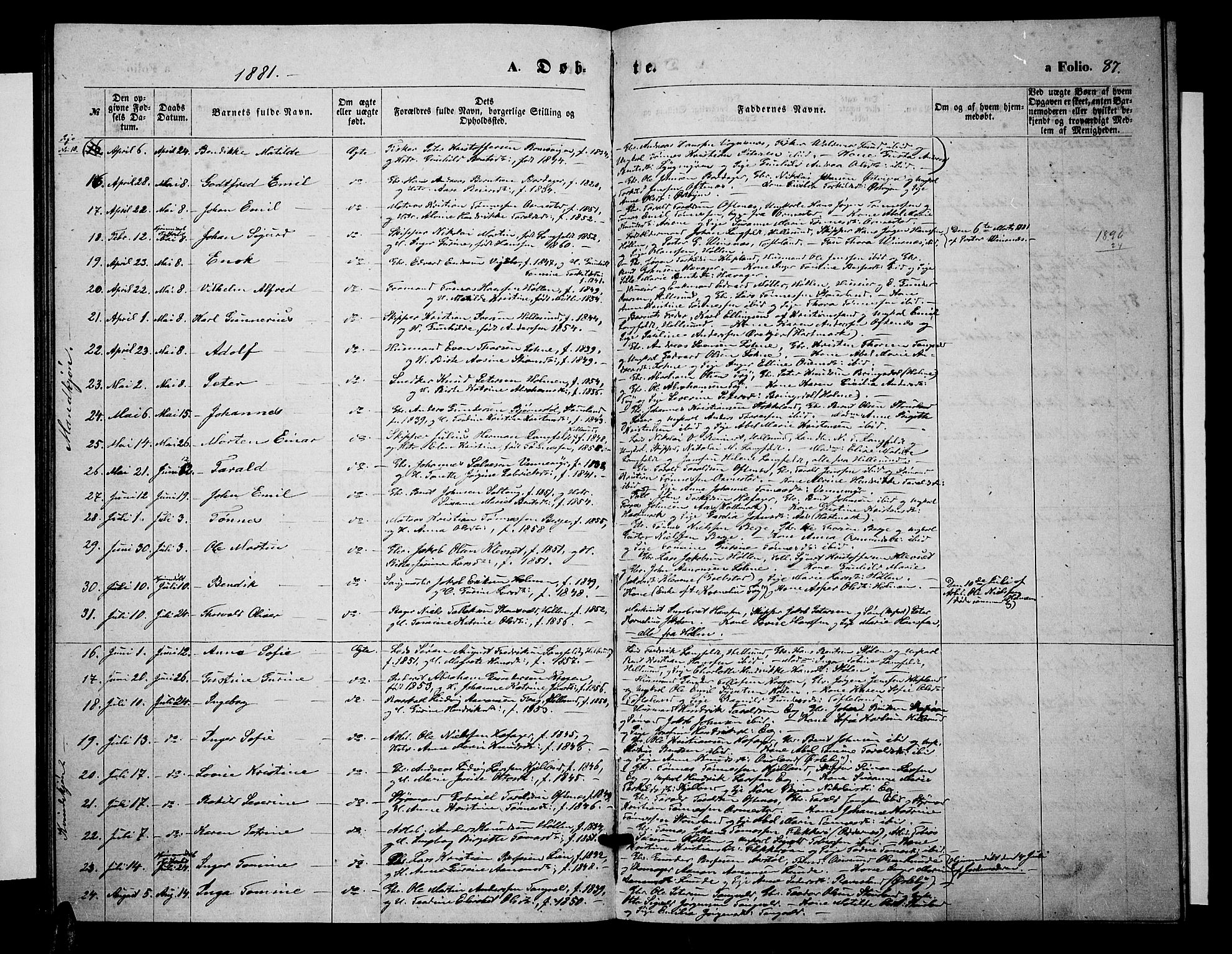 Søgne sokneprestkontor, SAK/1111-0037/F/Fb/Fbb/L0004: Parish register (copy) no. B 4, 1864-1883, p. 87