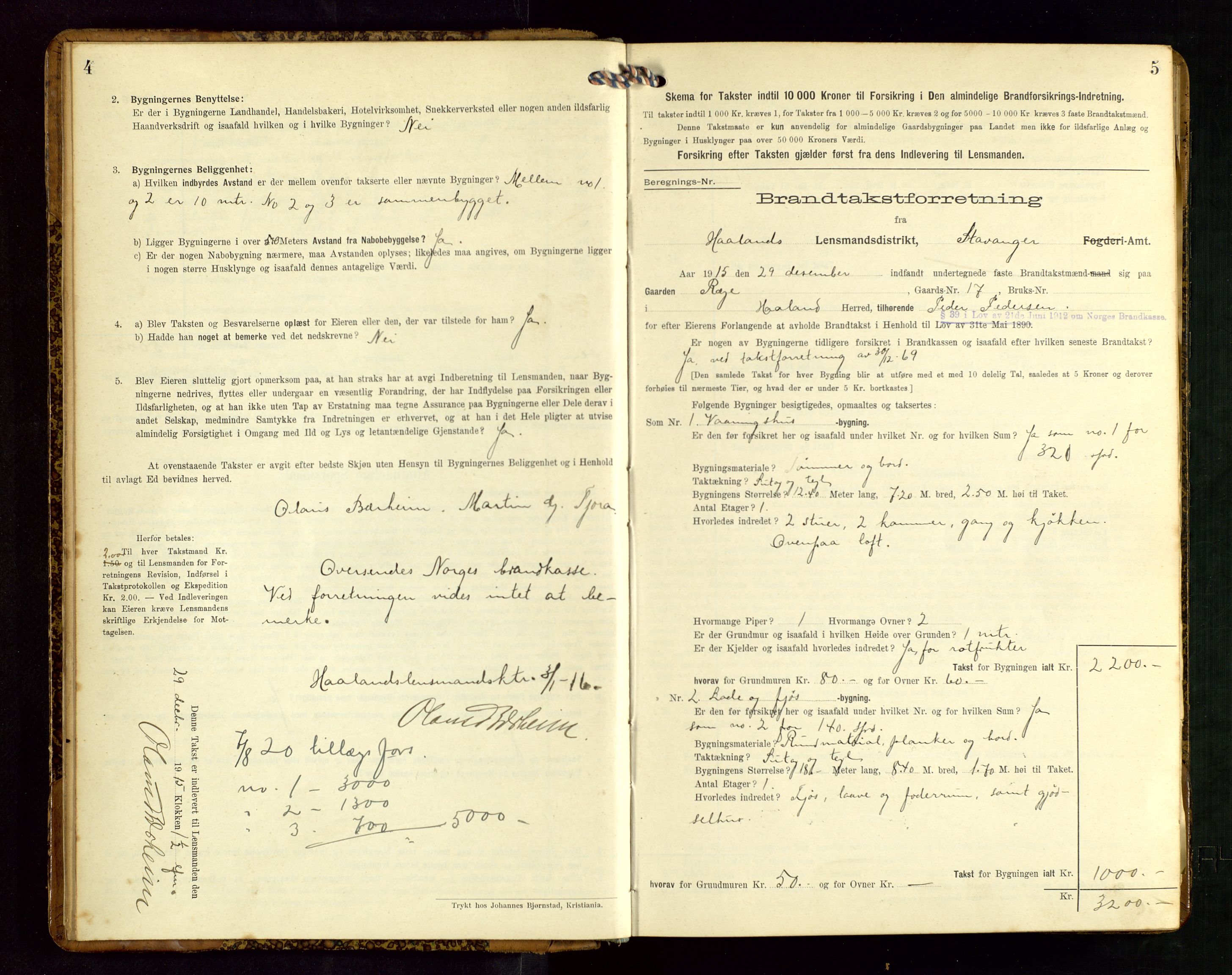 Håland lensmannskontor, AV/SAST-A-100100/Gob/L0005: Branntakstprotokoll - skjematakst. Register i boken., 1915-1917, p. 4-5