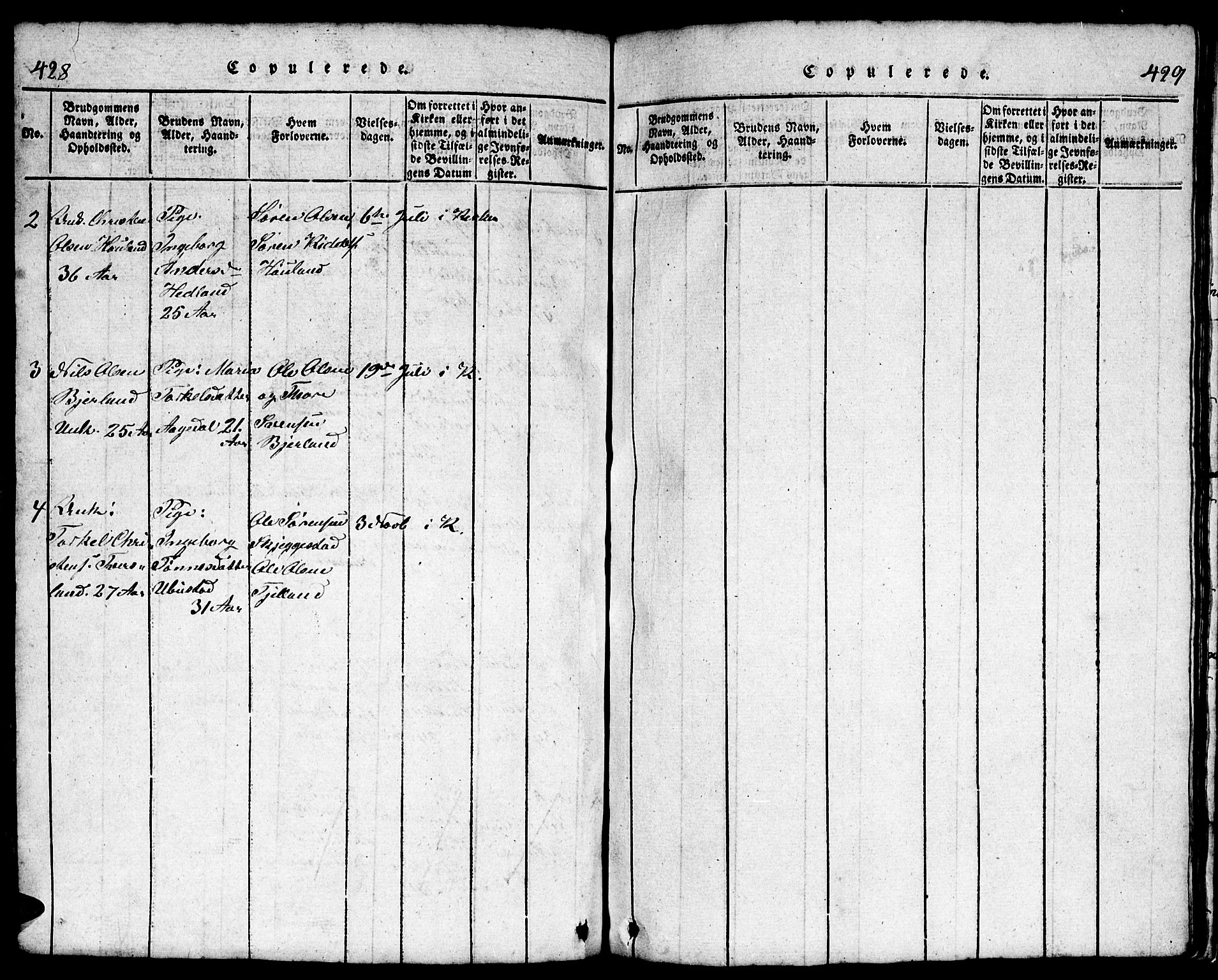 Bjelland sokneprestkontor, AV/SAK-1111-0005/F/Fb/Fba/L0003: Parish register (copy) no. B 3, 1816-1870, p. 428-429