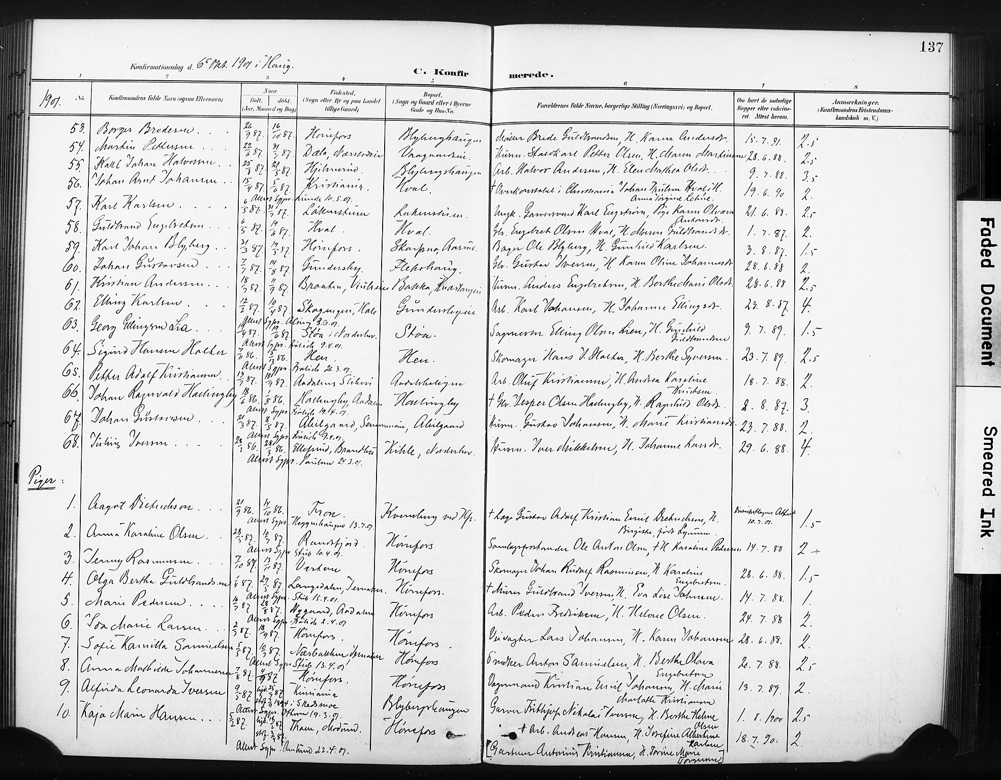 Hønefoss kirkebøker, SAKO/A-609/F/Fa/L0003: Parish register (official) no. 3, 1900-1913, p. 137