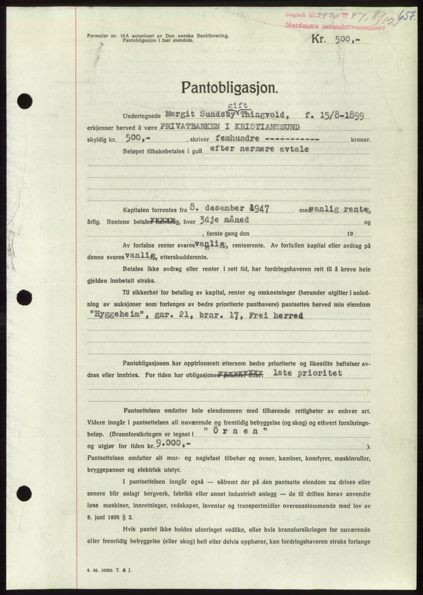 Nordmøre sorenskriveri, AV/SAT-A-4132/1/2/2Ca: Mortgage book no. B97, 1947-1948, Diary no: : 2920/1947