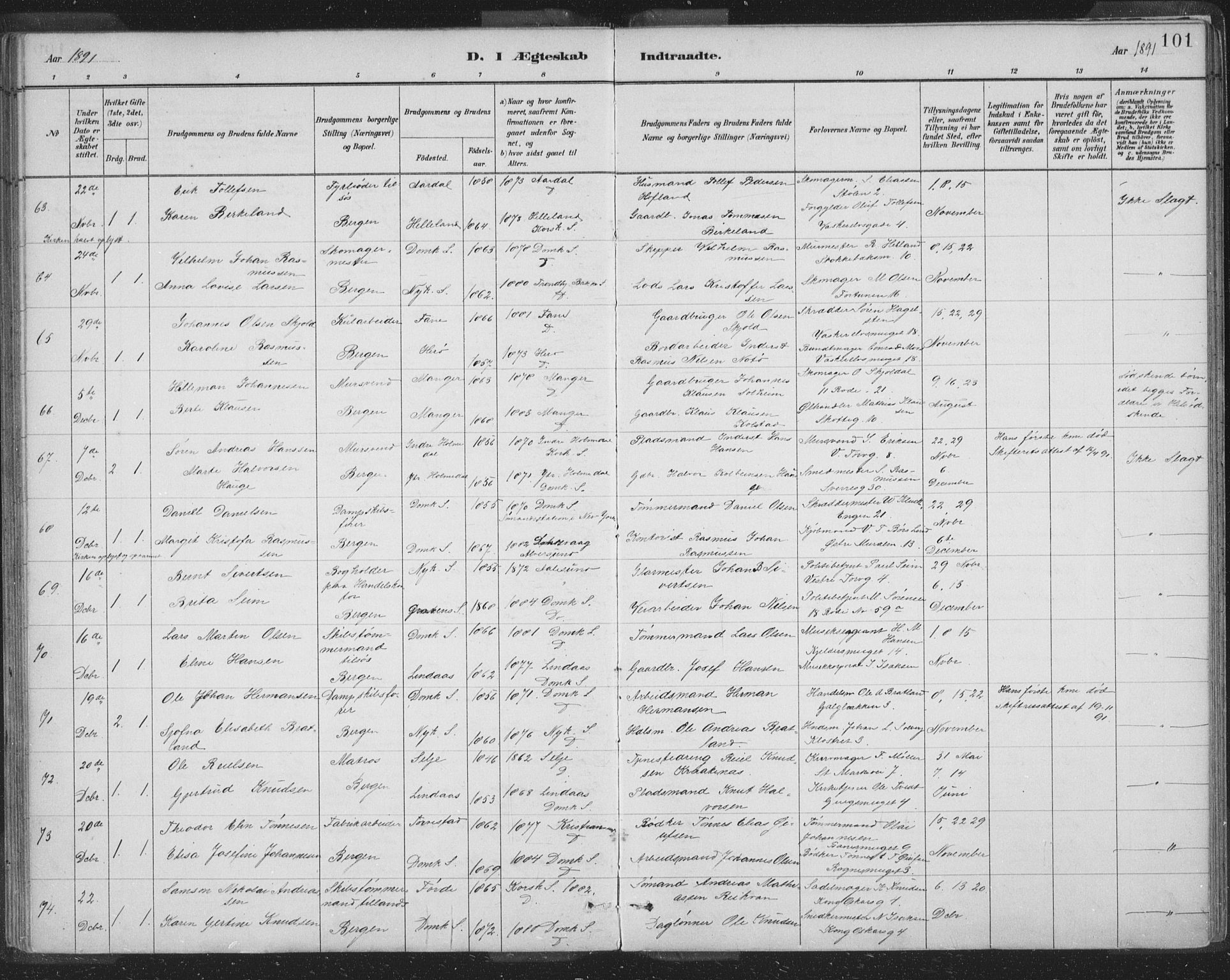 Domkirken sokneprestembete, AV/SAB-A-74801/H/Hab/L0032: Parish register (copy) no. D 4, 1880-1907, p. 101