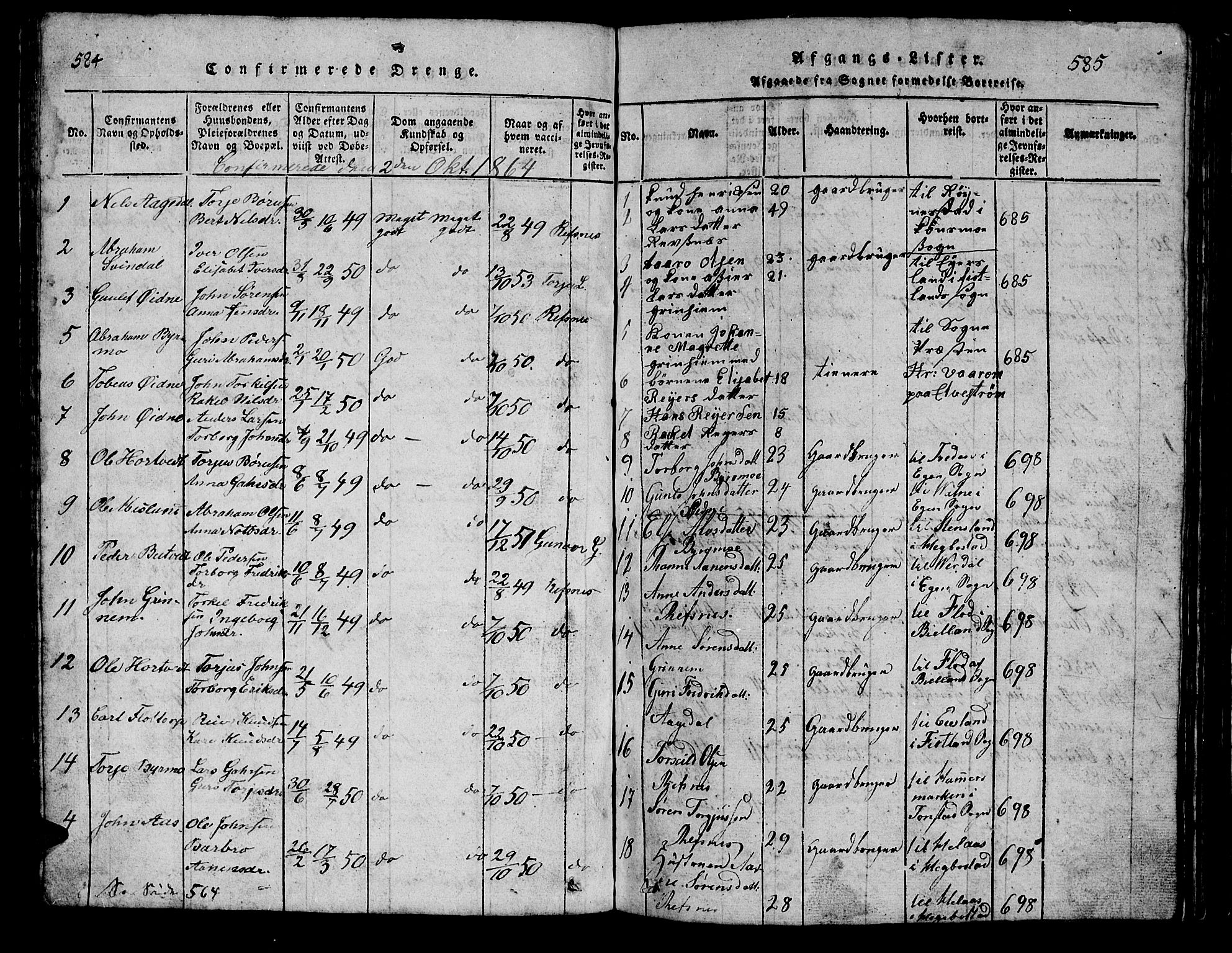 Bjelland sokneprestkontor, AV/SAK-1111-0005/F/Fb/Fbc/L0001: Parish register (copy) no. B 1, 1815-1870, p. 584-585