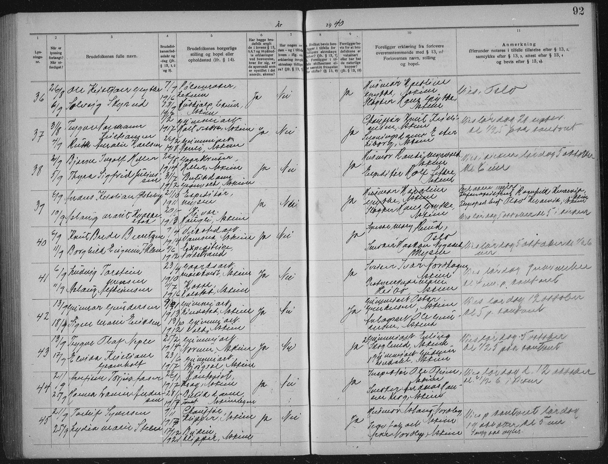 Askim prestekontor Kirkebøker, SAO/A-10900/H/Ha/L0001: Banns register no. 1, 1919-1941, p. 92