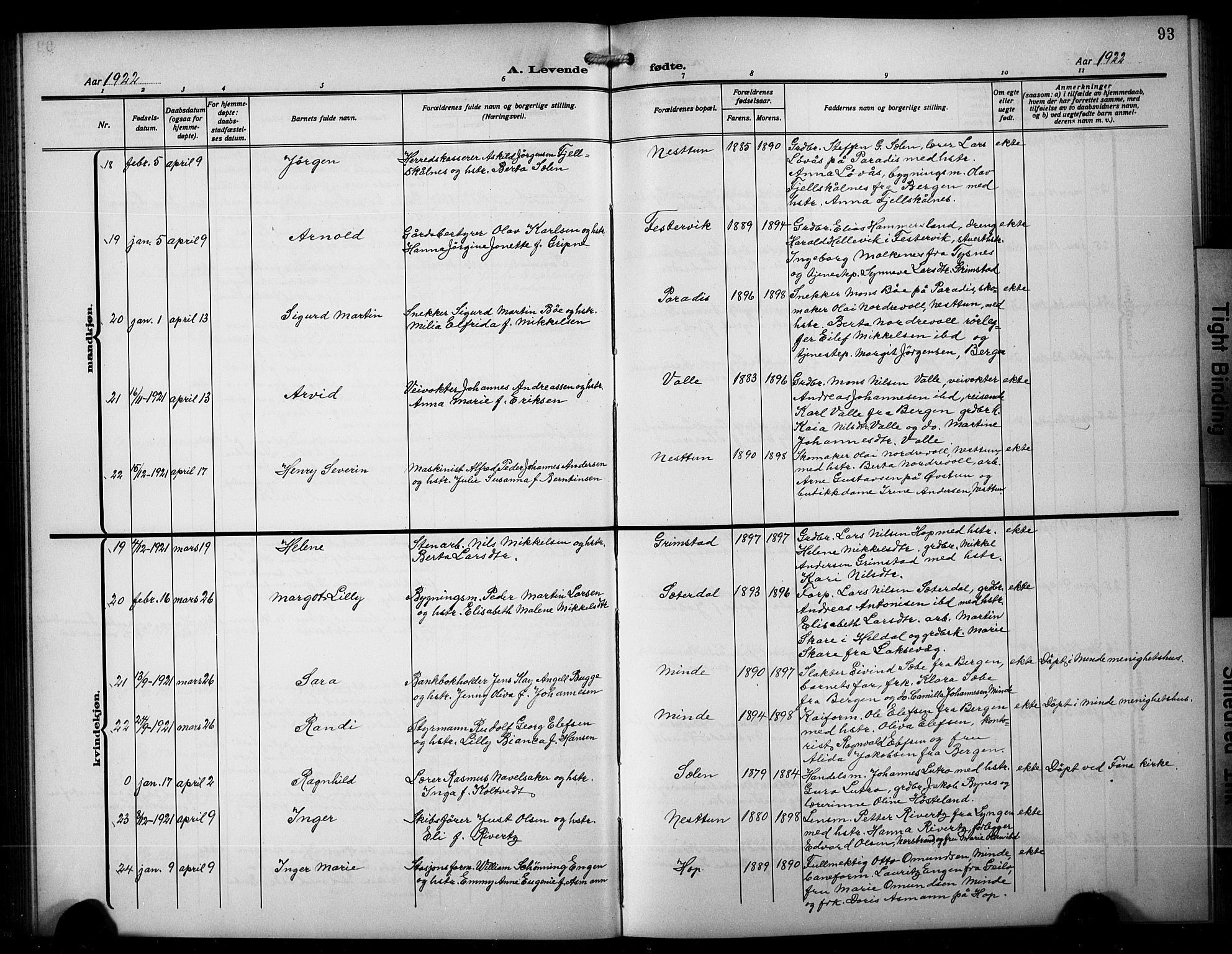 Birkeland Sokneprestembete, AV/SAB-A-74601/H/Hab: Parish register (copy) no. A 7, 1916-1923, p. 93