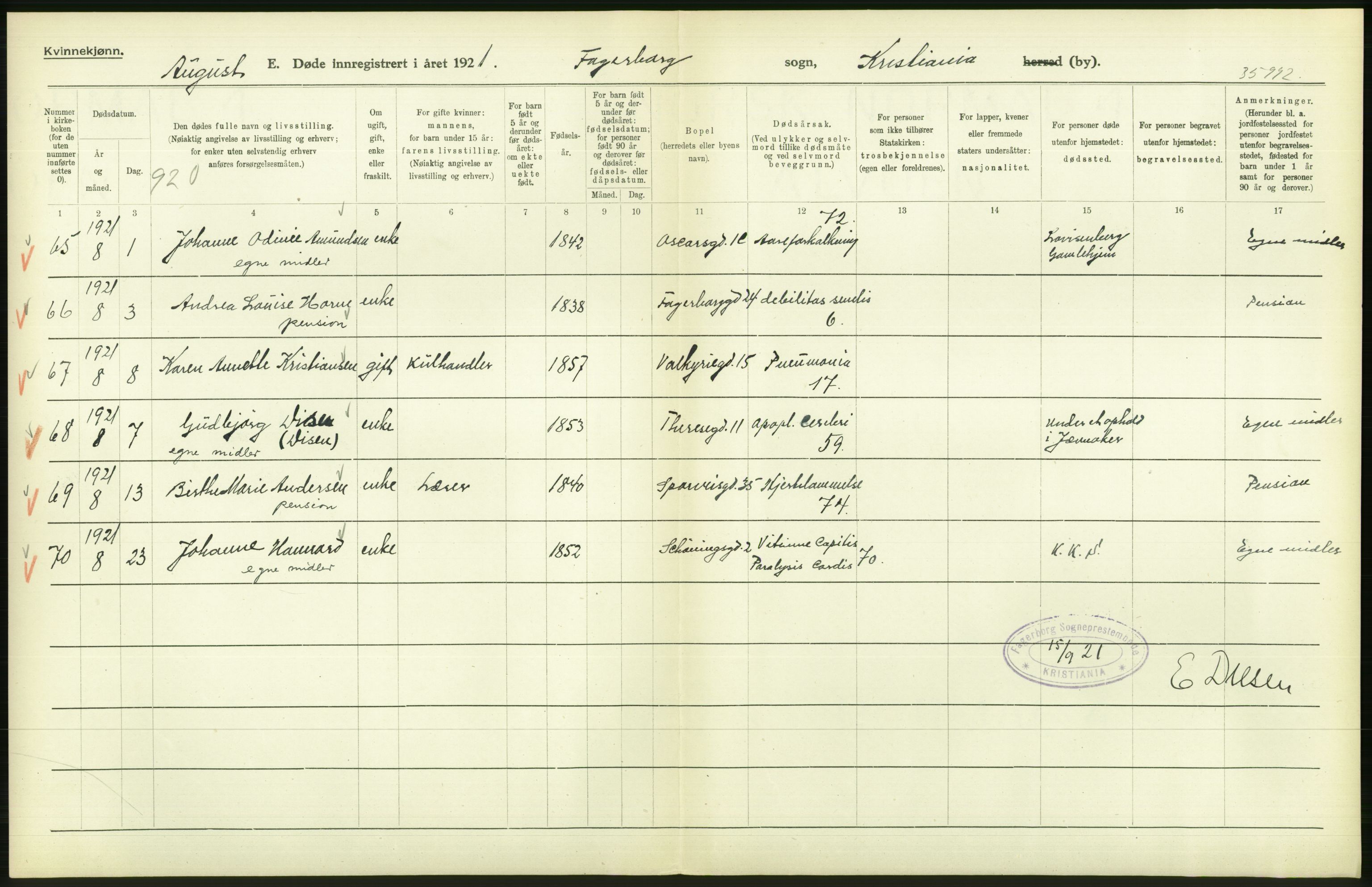 Statistisk sentralbyrå, Sosiodemografiske emner, Befolkning, AV/RA-S-2228/D/Df/Dfc/Dfca/L0012: Kristiania: Døde, 1921, p. 334