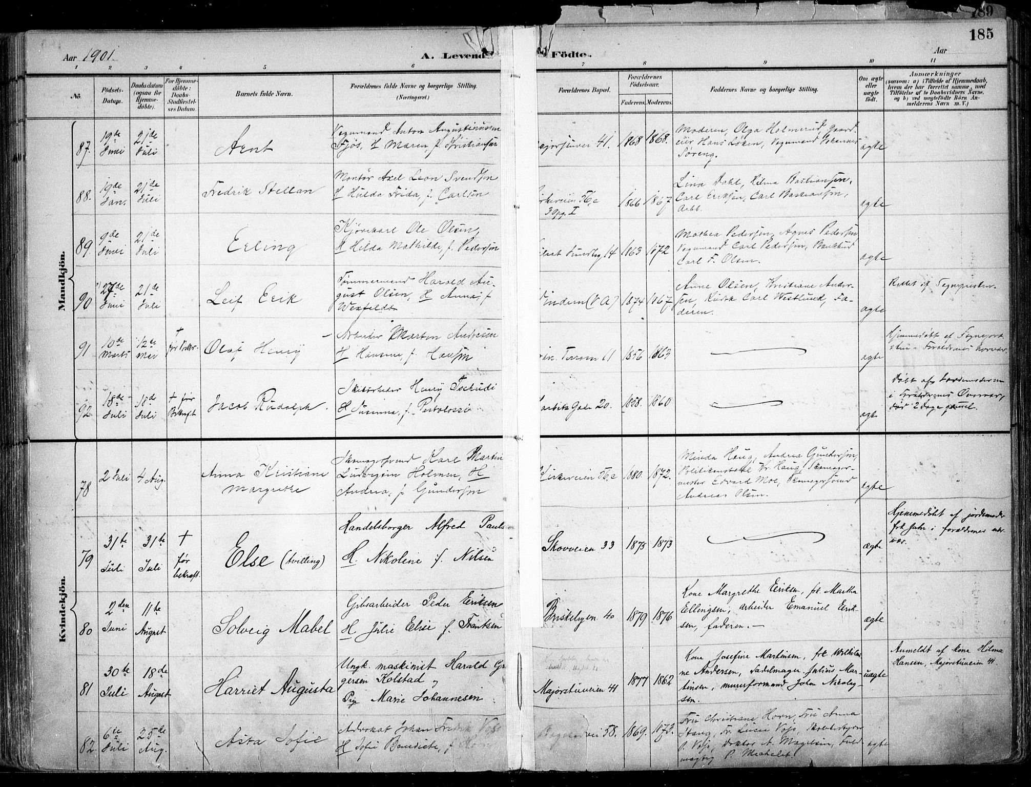 Uranienborg prestekontor Kirkebøker, AV/SAO-A-10877/F/Fa/L0005: Parish register (official) no. I 5, 1895-1907, p. 185