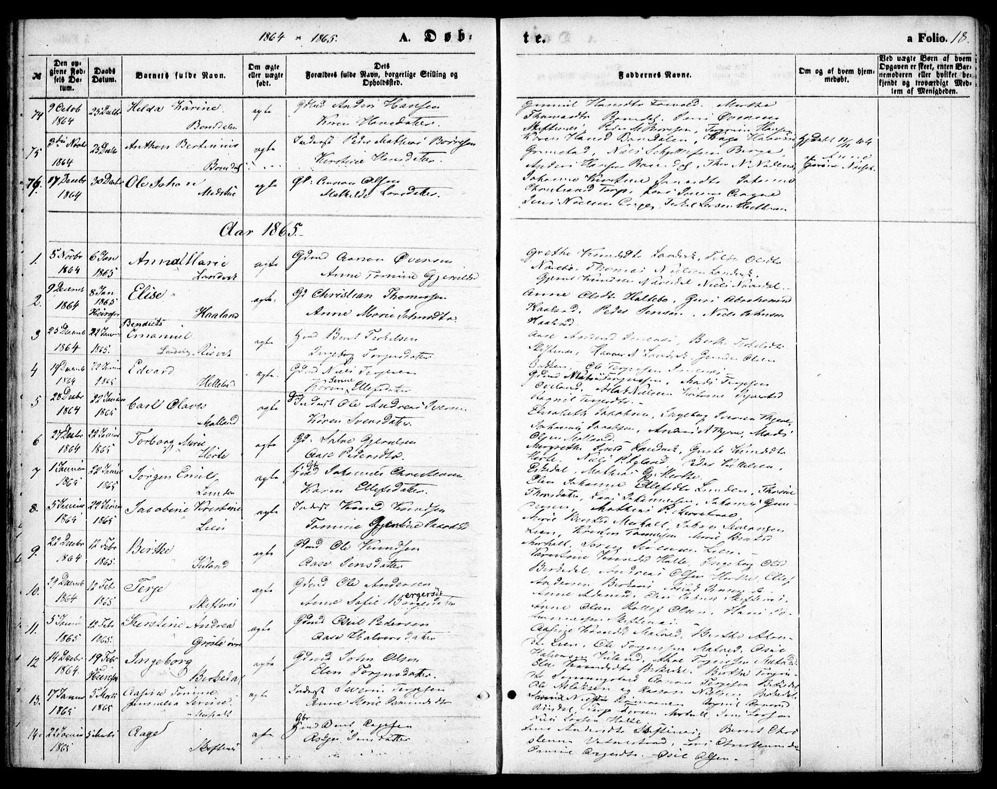 Hommedal sokneprestkontor, AV/SAK-1111-0023/F/Fa/Fab/L0005: Parish register (official) no. A 5, 1861-1877, p. 18