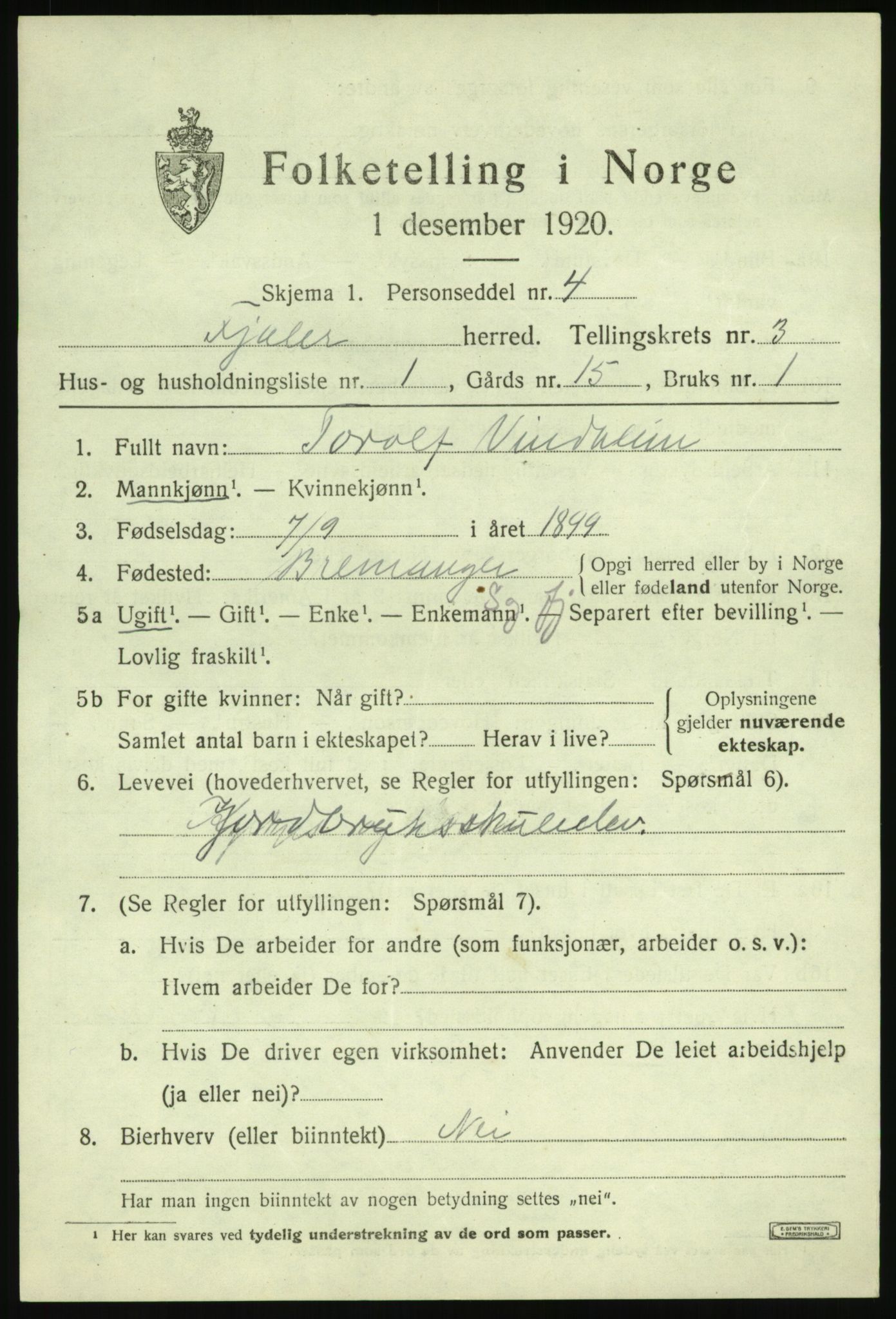 SAB, 1920 census for Fjaler, 1920, p. 2671