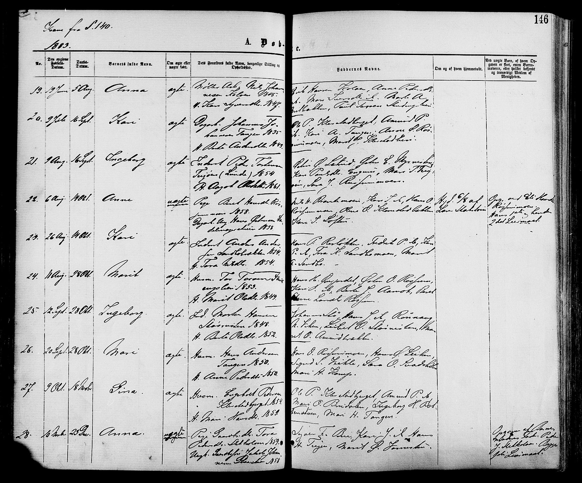 Nord-Fron prestekontor, AV/SAH-PREST-080/H/Ha/Haa/L0002: Parish register (official) no. 2, 1865-1883, p. 146