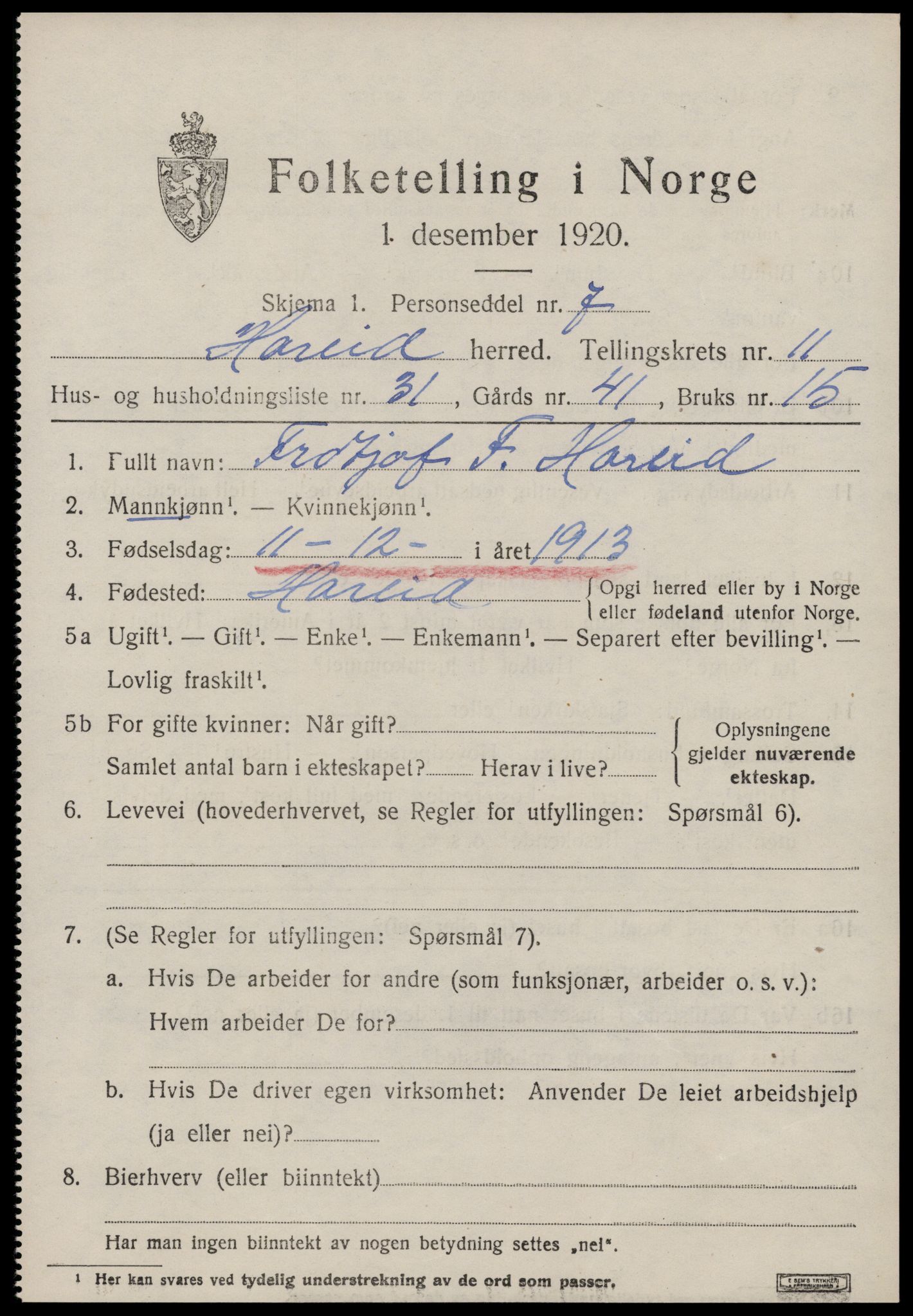 SAT, 1920 census for Hareid, 1920, p. 4455