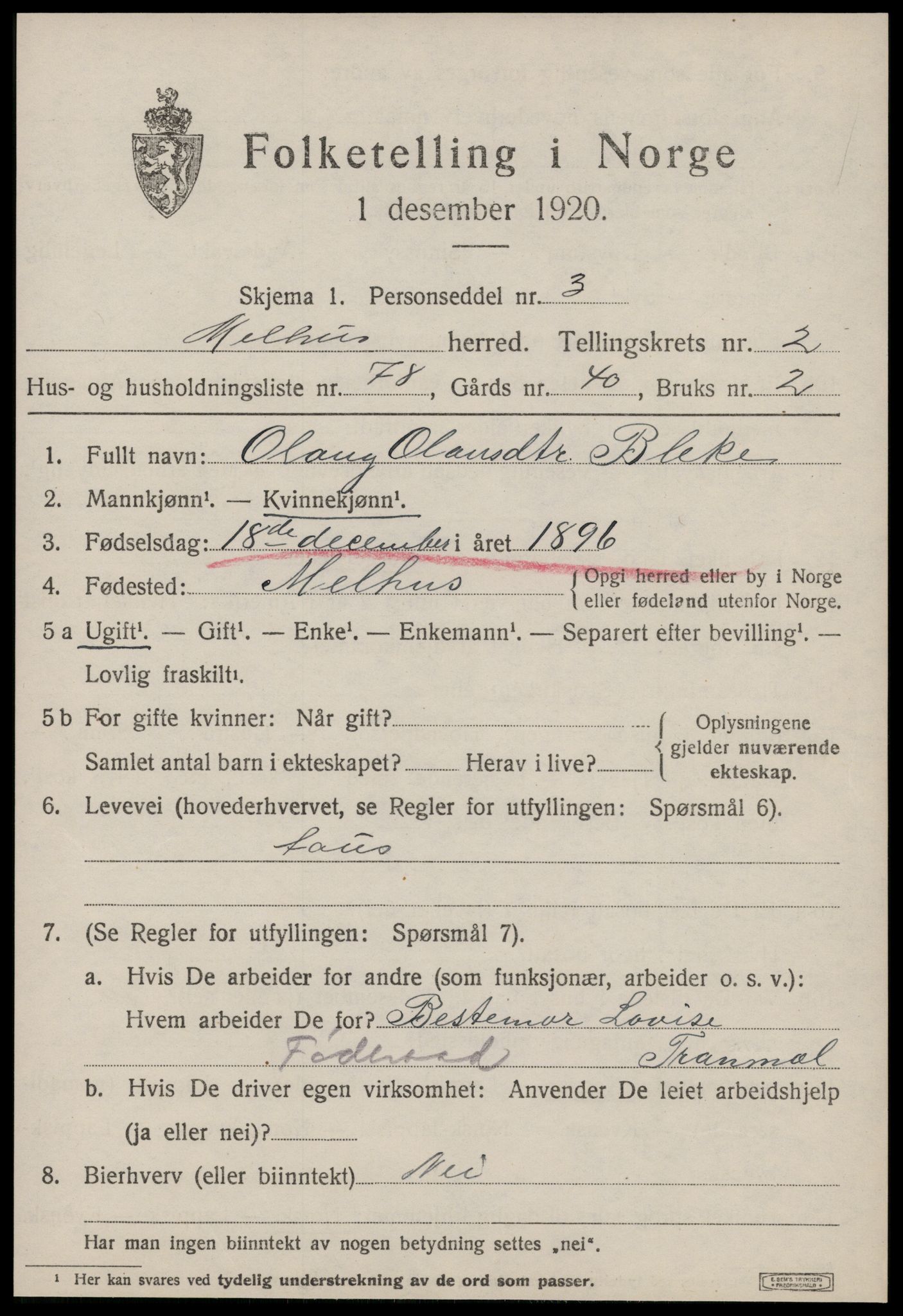 SAT, 1920 census for Melhus, 1920, p. 2587