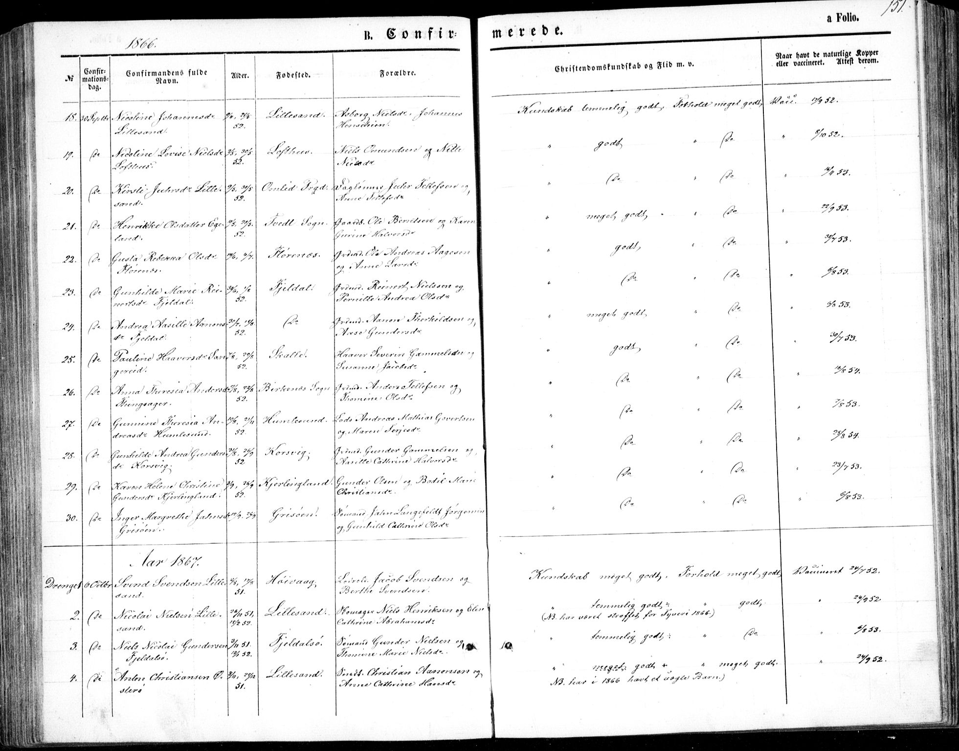 Vestre Moland sokneprestkontor, SAK/1111-0046/F/Fb/Fbb/L0004: Parish register (copy) no. B 4, 1861-1872, p. 151