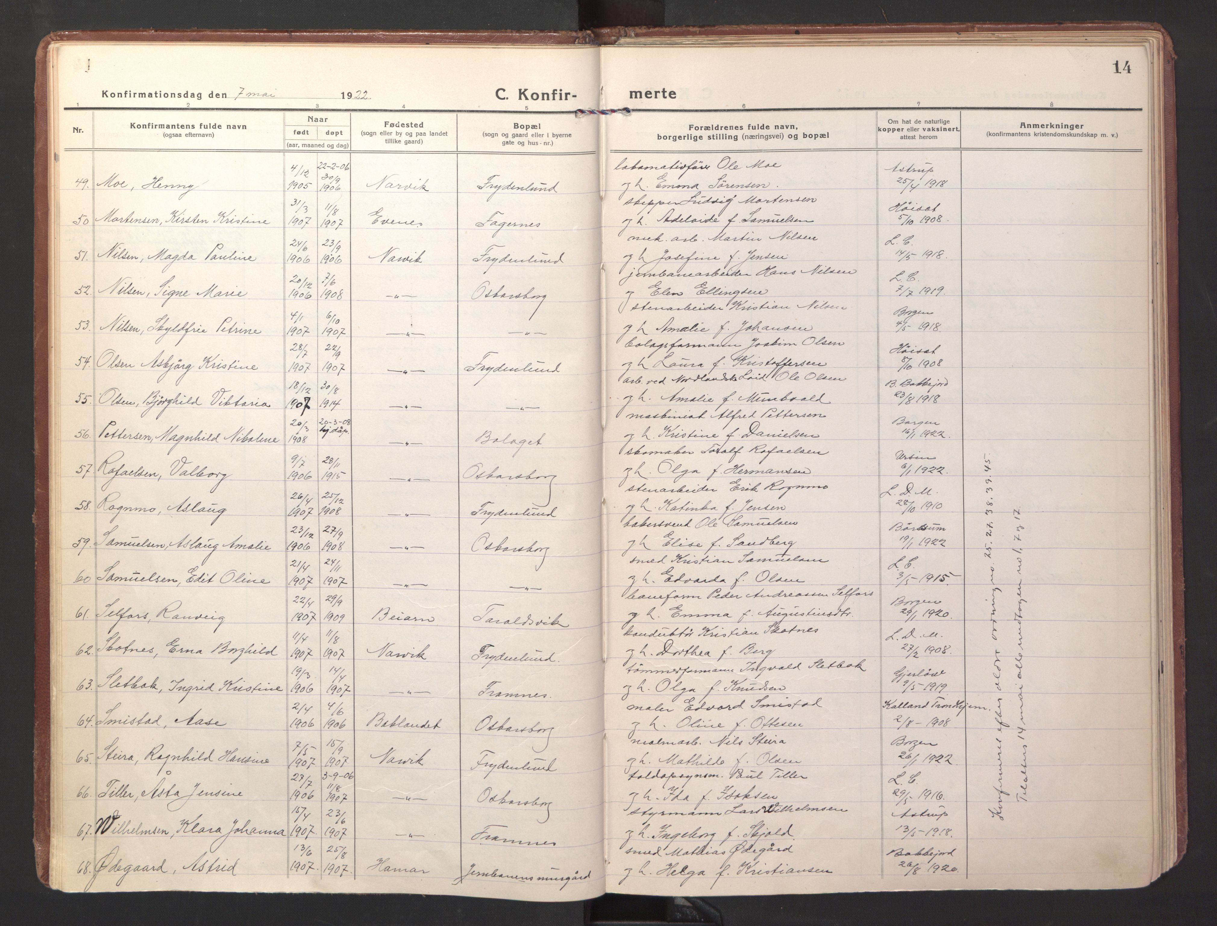 Ministerialprotokoller, klokkerbøker og fødselsregistre - Nordland, AV/SAT-A-1459/871/L1004: Parish register (official) no. 871A20, 1921-1932, p. 14