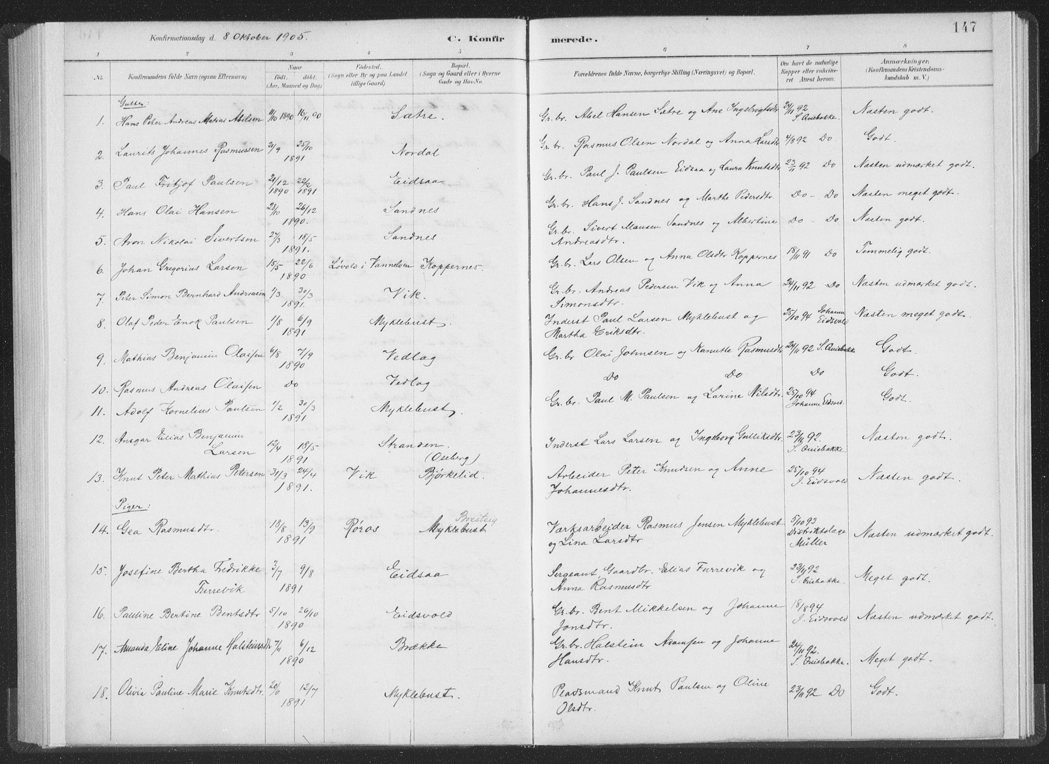 Ministerialprotokoller, klokkerbøker og fødselsregistre - Møre og Romsdal, AV/SAT-A-1454/502/L0025: Parish register (official) no. 502A03, 1885-1909, p. 147