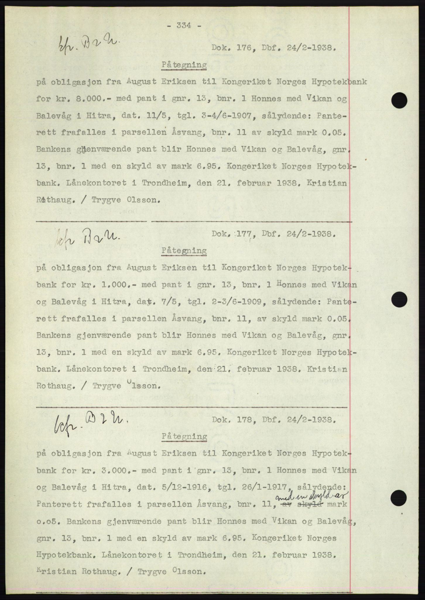 Hitra sorenskriveri, AV/SAT-A-0018/2/2C/2Ca: Mortgage book no. C1, 1936-1945, Diary no: : 176/1938